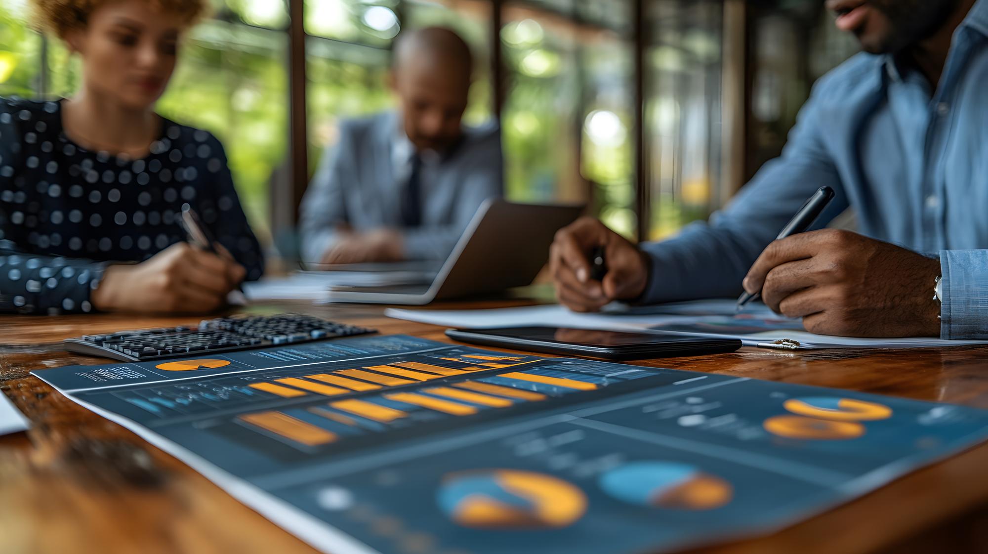 Consultor de negócios discutir o plano analisar o investimento e o marketing sobre
