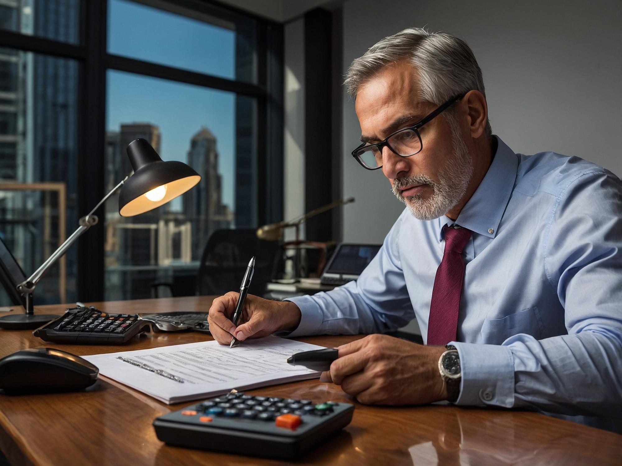 Homem senta-se em uma mesa com uma calculadora e uma calculadora