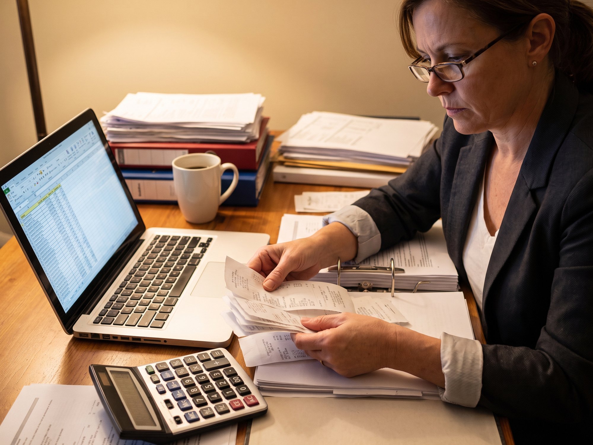 Mulher Revisando Documentos Financeiros na Mesa do Escritório
