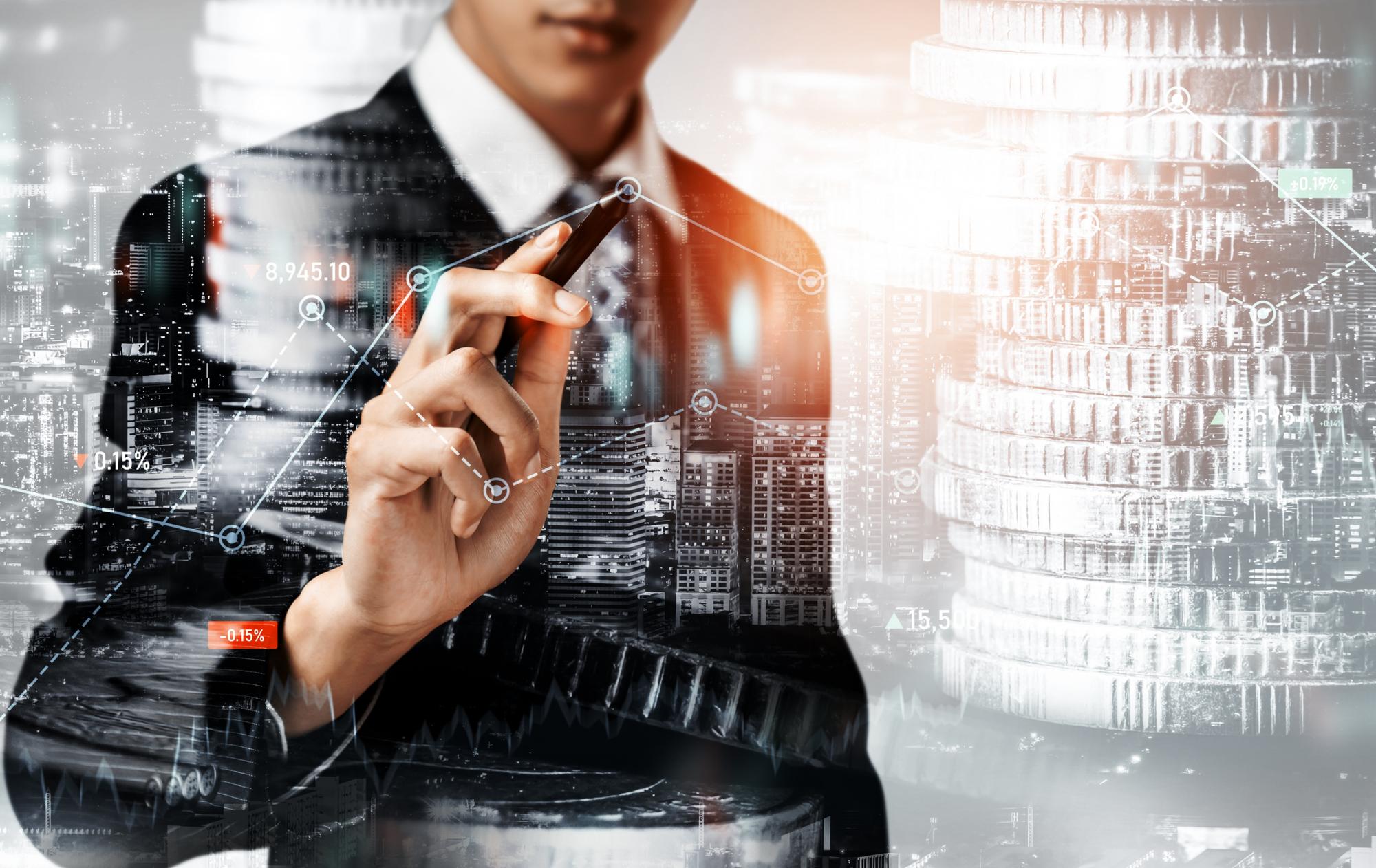 Empresário trabalhando com finanças digitais gráfico de negócios de tecnologia perceptiva