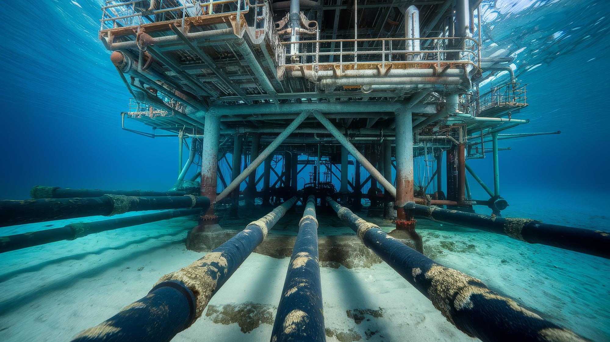 Vista subaquática de estrutura de plataforma de petróleo com tubos mostrando engenharia marinha e design industrial em um ambiente aquático