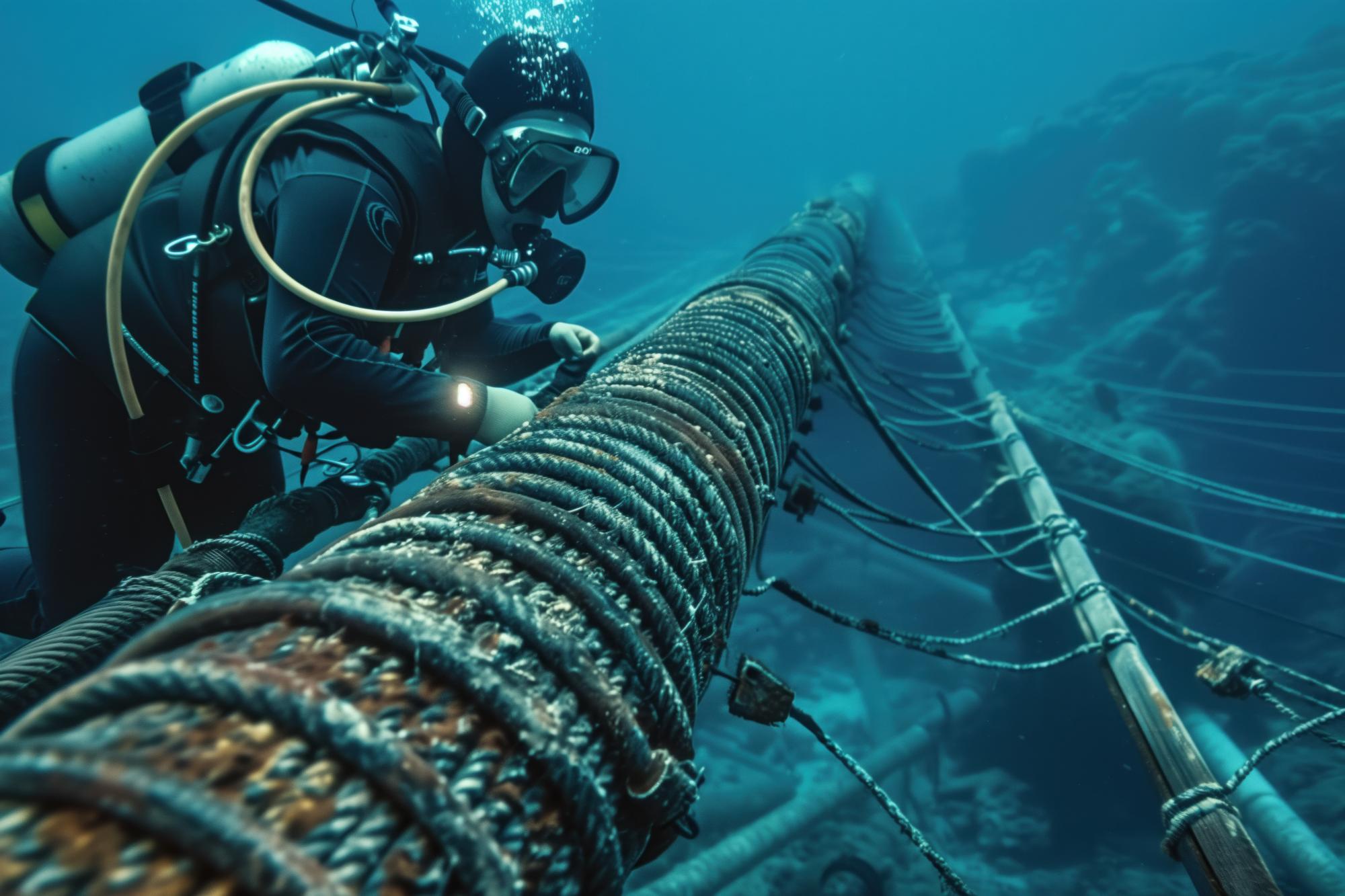 Mergulhador examinando o sistema de cabos submarinos