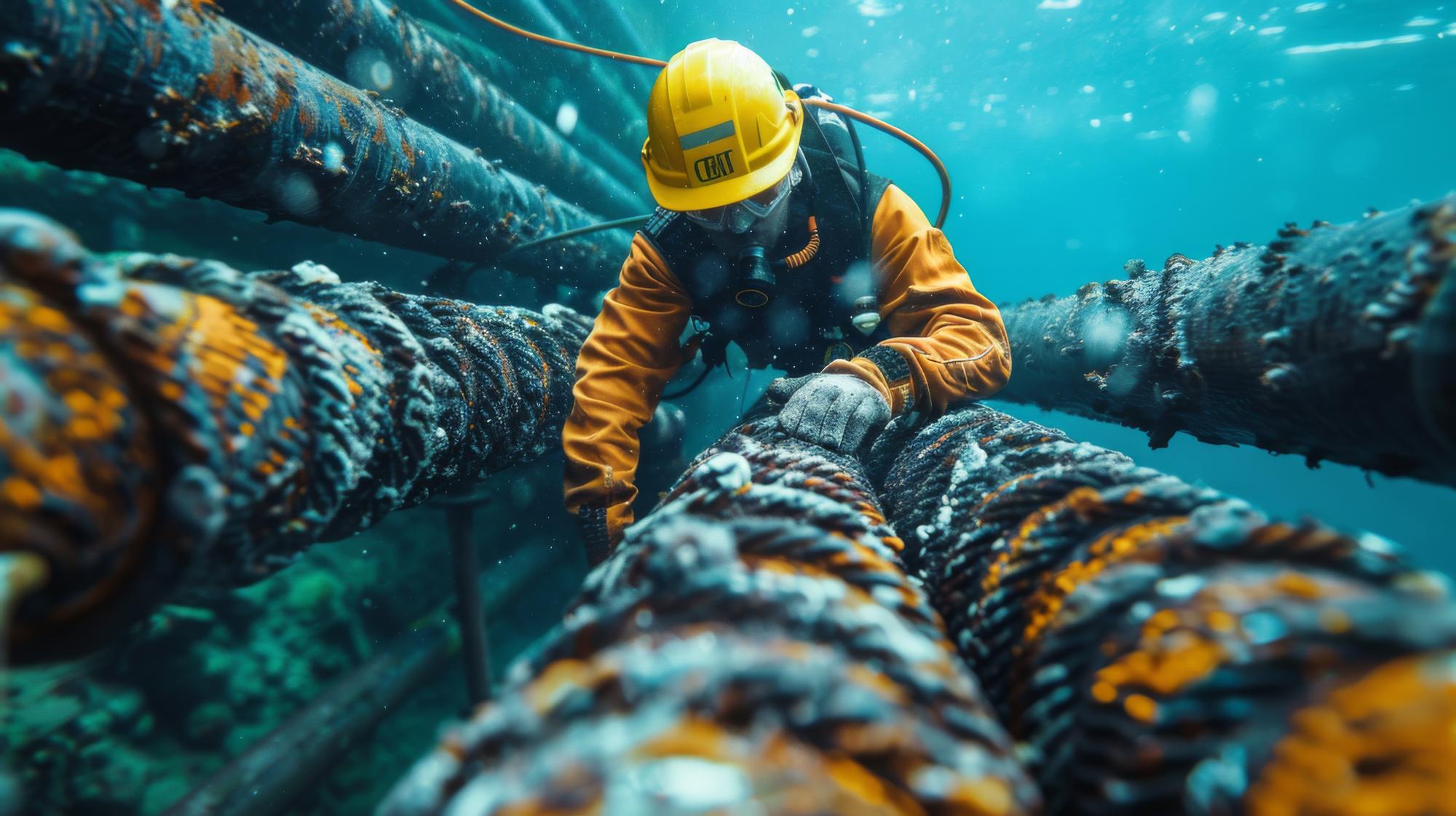 Engenheiro supervisionando a instalação de cabos de fibra óptica subaquáticos combinados com caminhos de cabos oceânicos