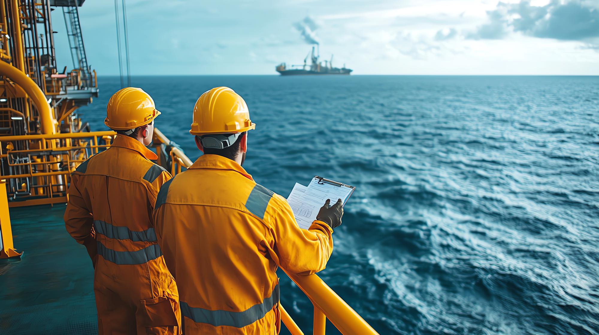 Dois trabalhadores em equipamento de segurança observando uma plataforma de petróleo no mar destacando o trabalho em equipe e a segurança nas operações marítimas