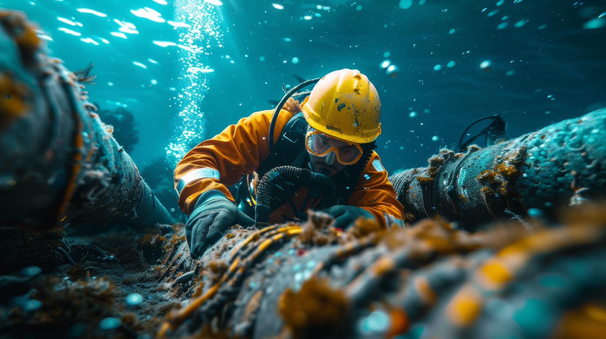 Engenheiro supervisionando a instalação de cabo de fibra óptica subaquático combinado com imagens do leito oceânico