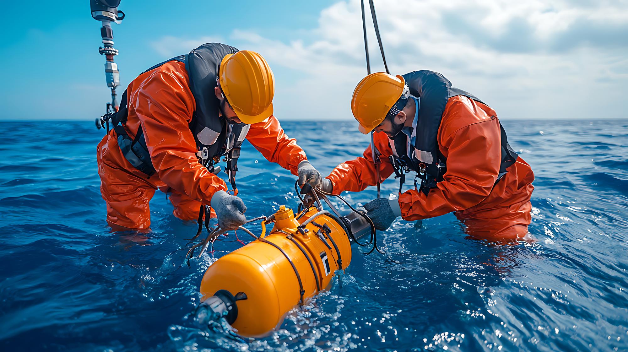 Uma equipe de engenheiros instalando sensores no oceano para rastrear populações e migrações de peixes