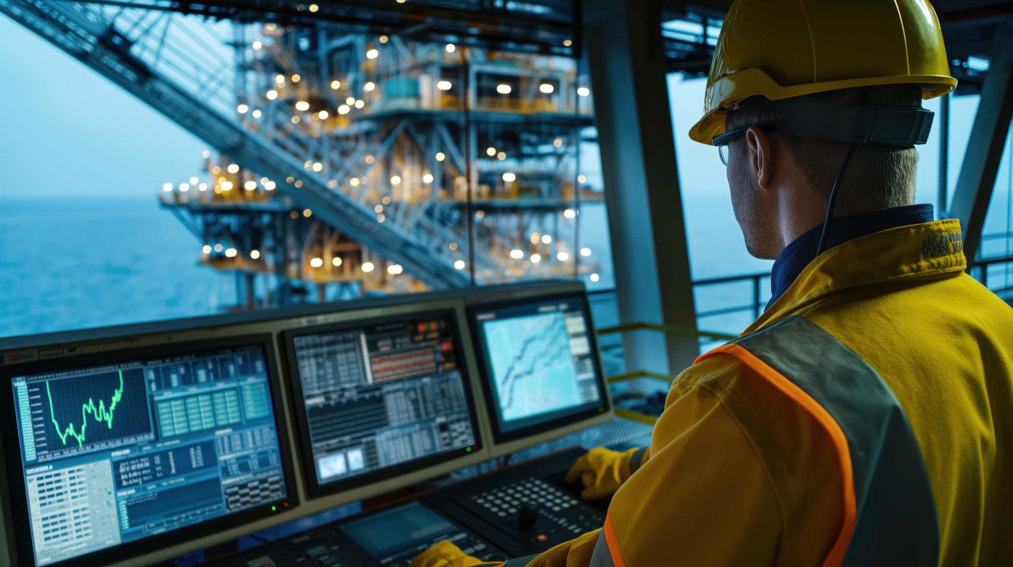 Engenheiro em operações de monitorização de equipamentos de segurança refletores numa sala de controlo com vista para uma plataforma petroleira offshore