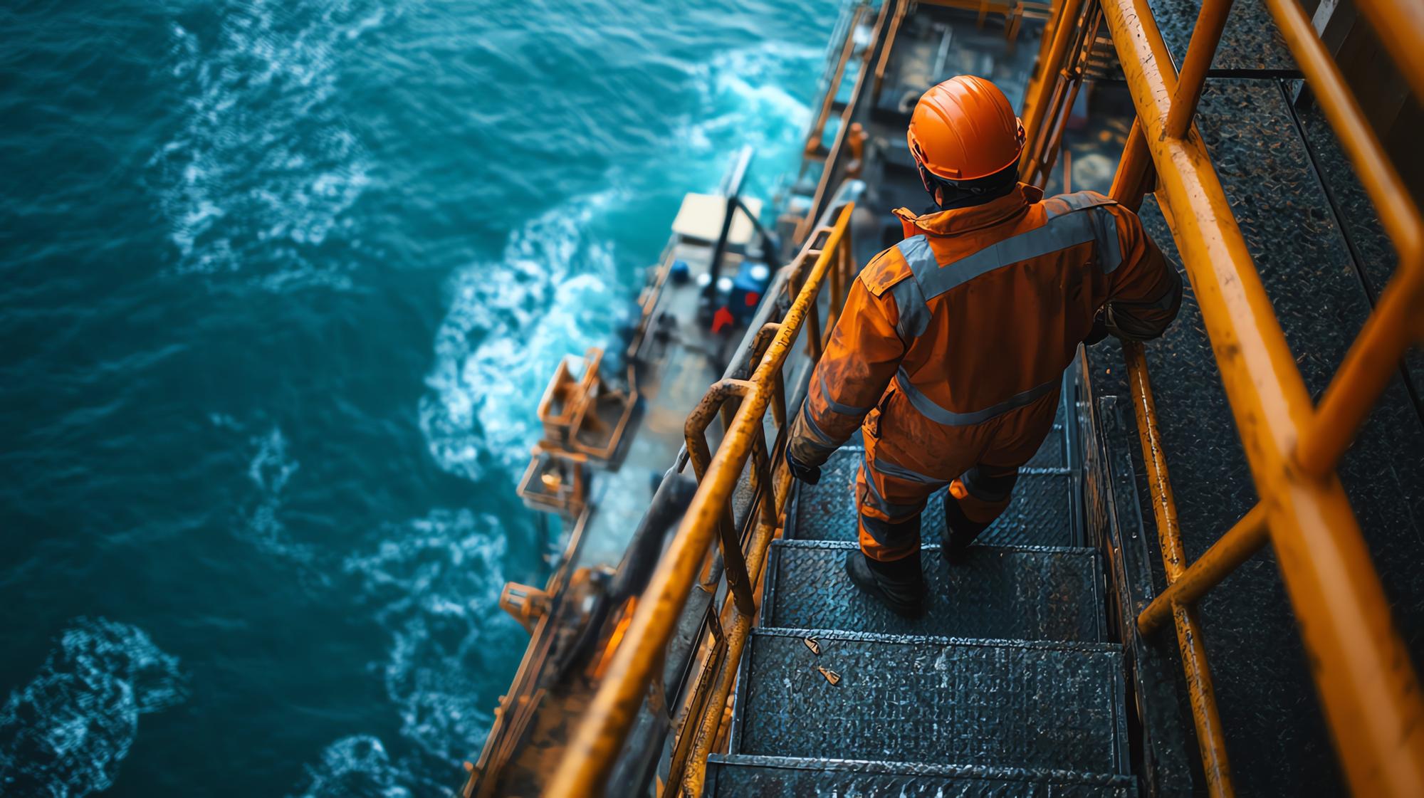 Um trabalhador de uniforme laranja desce escadas metálicas em uma plataforma acima do oceano mostrando dedicação e indústria