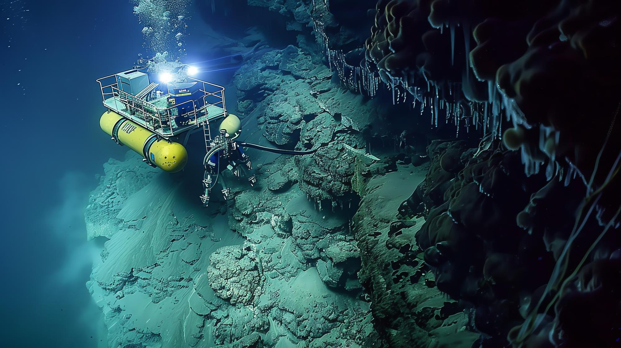 Exploração subaquática de uma caverna de mar profundo