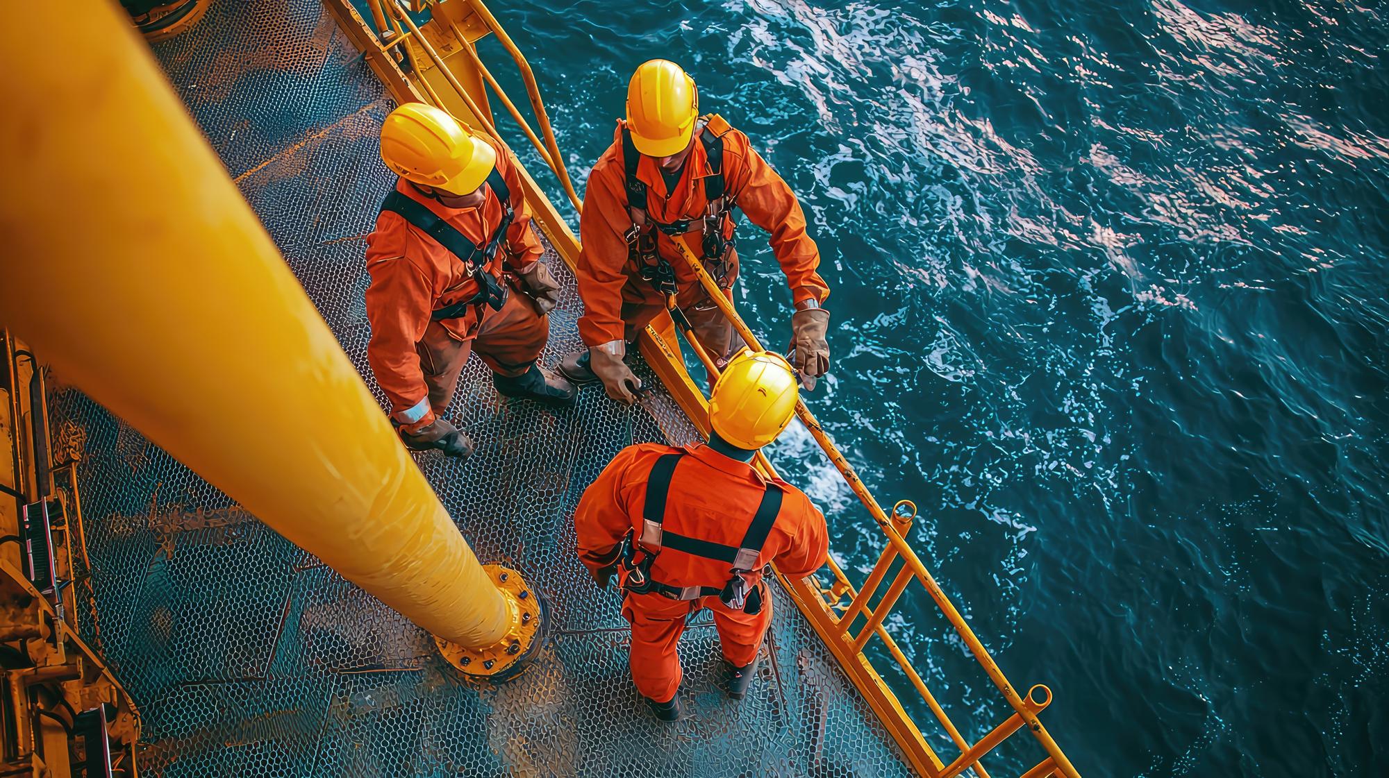 Trabalhadores de equipamentos de segurança numa plataforma petrolífera a realizar tarefas de manutenção