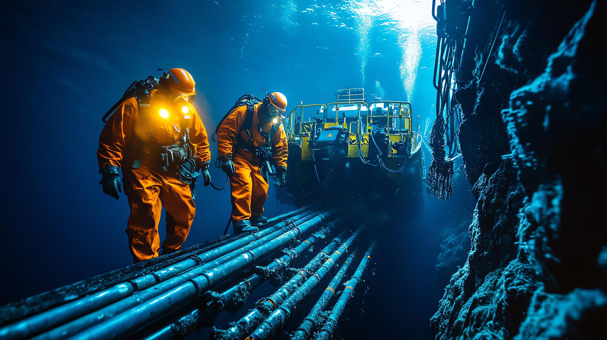 Exploração subaquática mostrando mergulhadores em trajes laranjas navegando em tubos destacando tecnologia e trabalho em equipe em ambientes marinhos