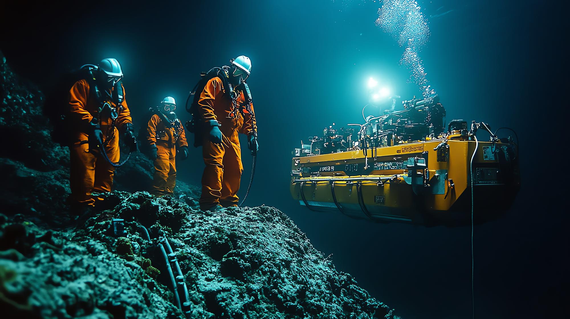 Exploração subaquática com mergulhadores e veículos submersíveis no oceano profundo mostrando o mar