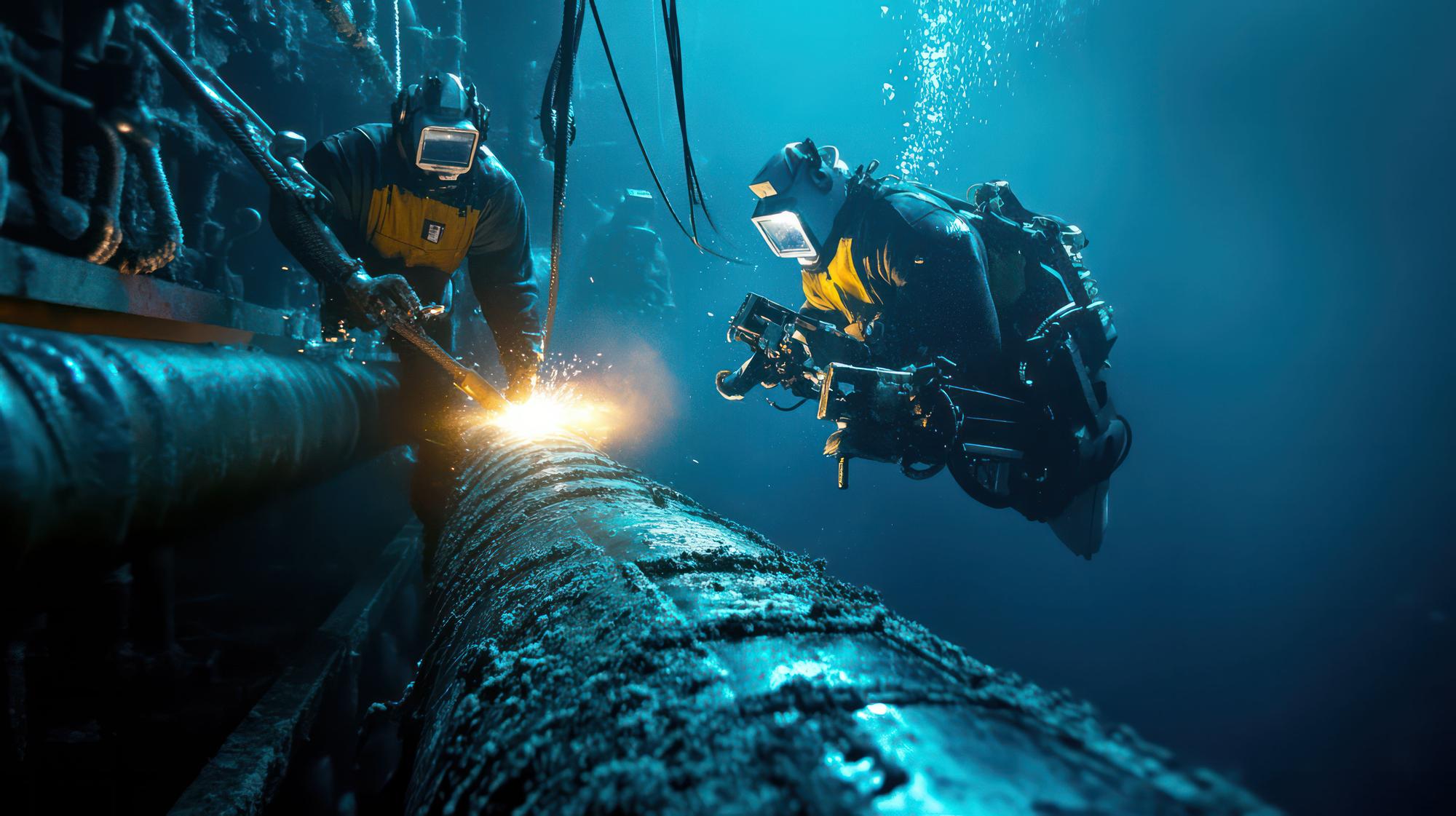 Soldadores subaquáticos que trabalham em oleodutos submarinos e navios de exploração, garantindo a integridade da infraestrutura de exploração em águas profundas em condições oceânicas desafiadoras