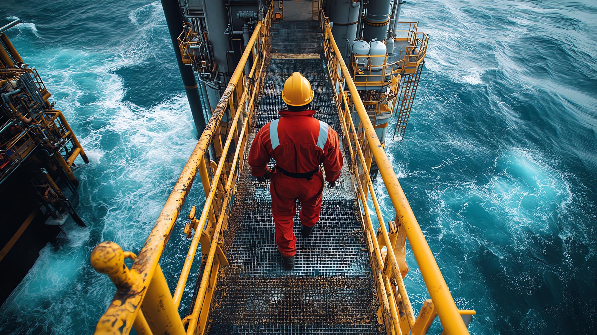 Um trabalhador em equipamento de segurança caminha por uma passarela metálica acima do oceano mostrando a indústria offshore e a segurança marítima