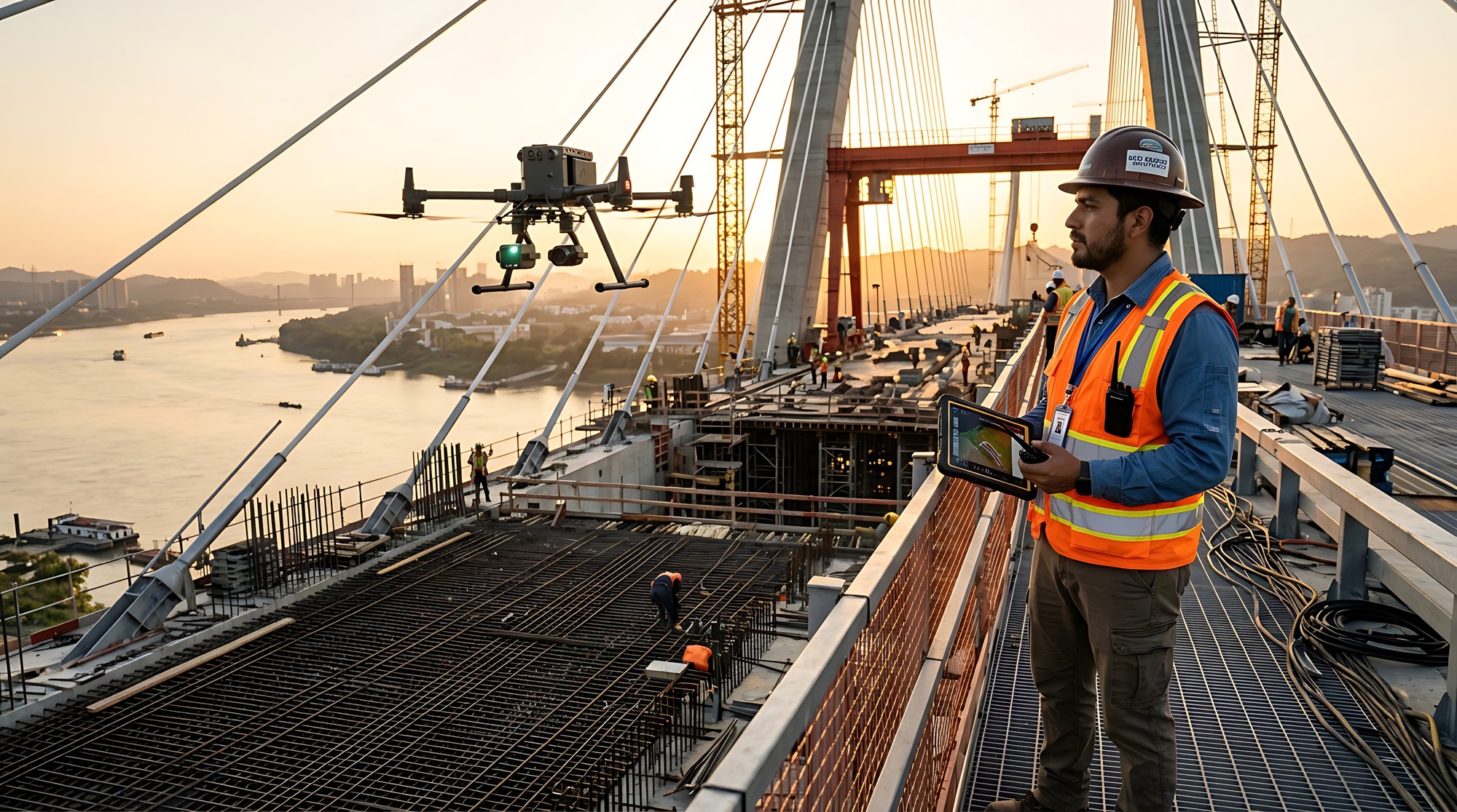 Trabalhador da construção civil operando drone em canteiro de obras de ponte