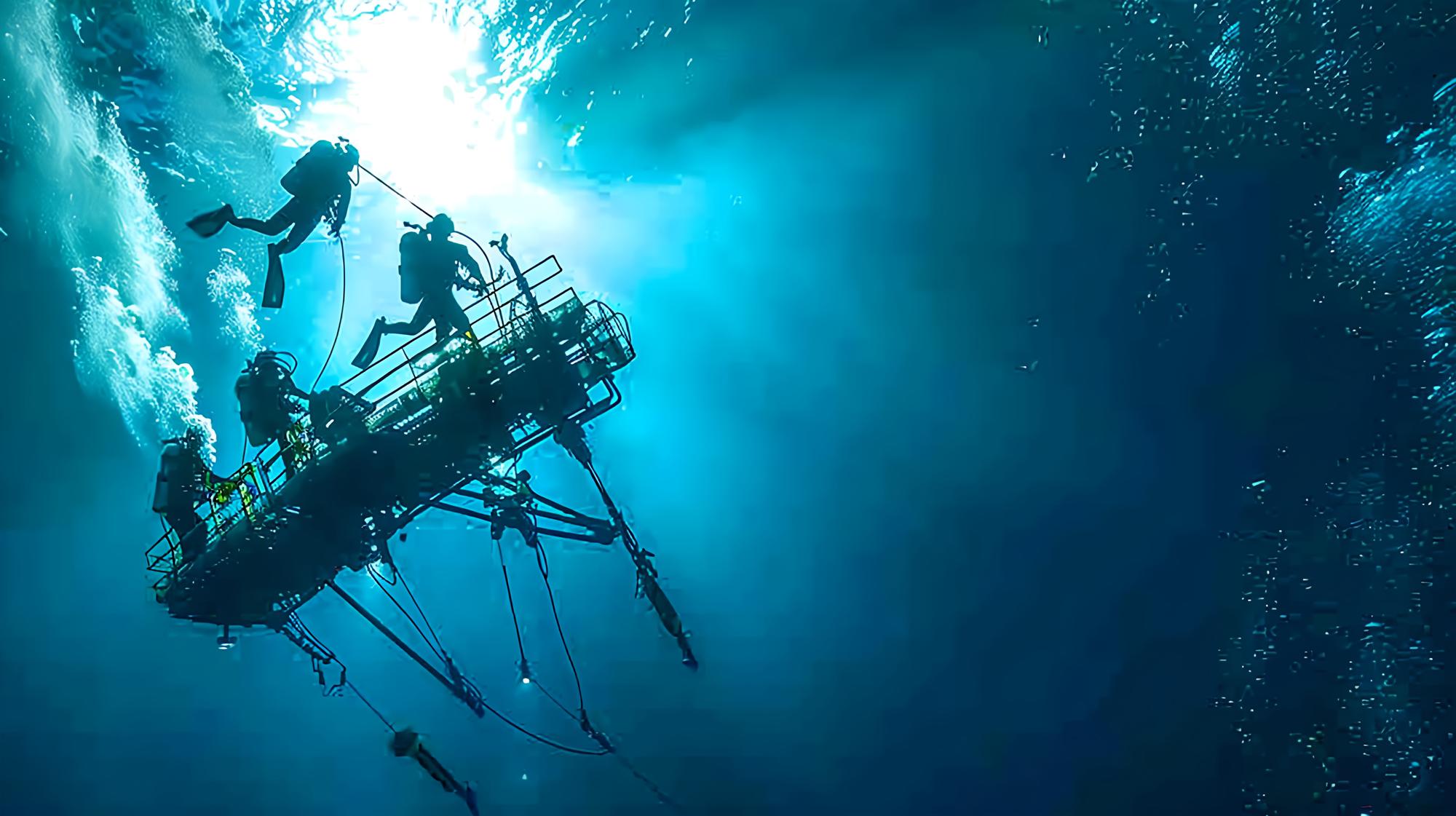Mergulhadores Explorando Estrutura Subaquática nas Profundezas do Oceano
