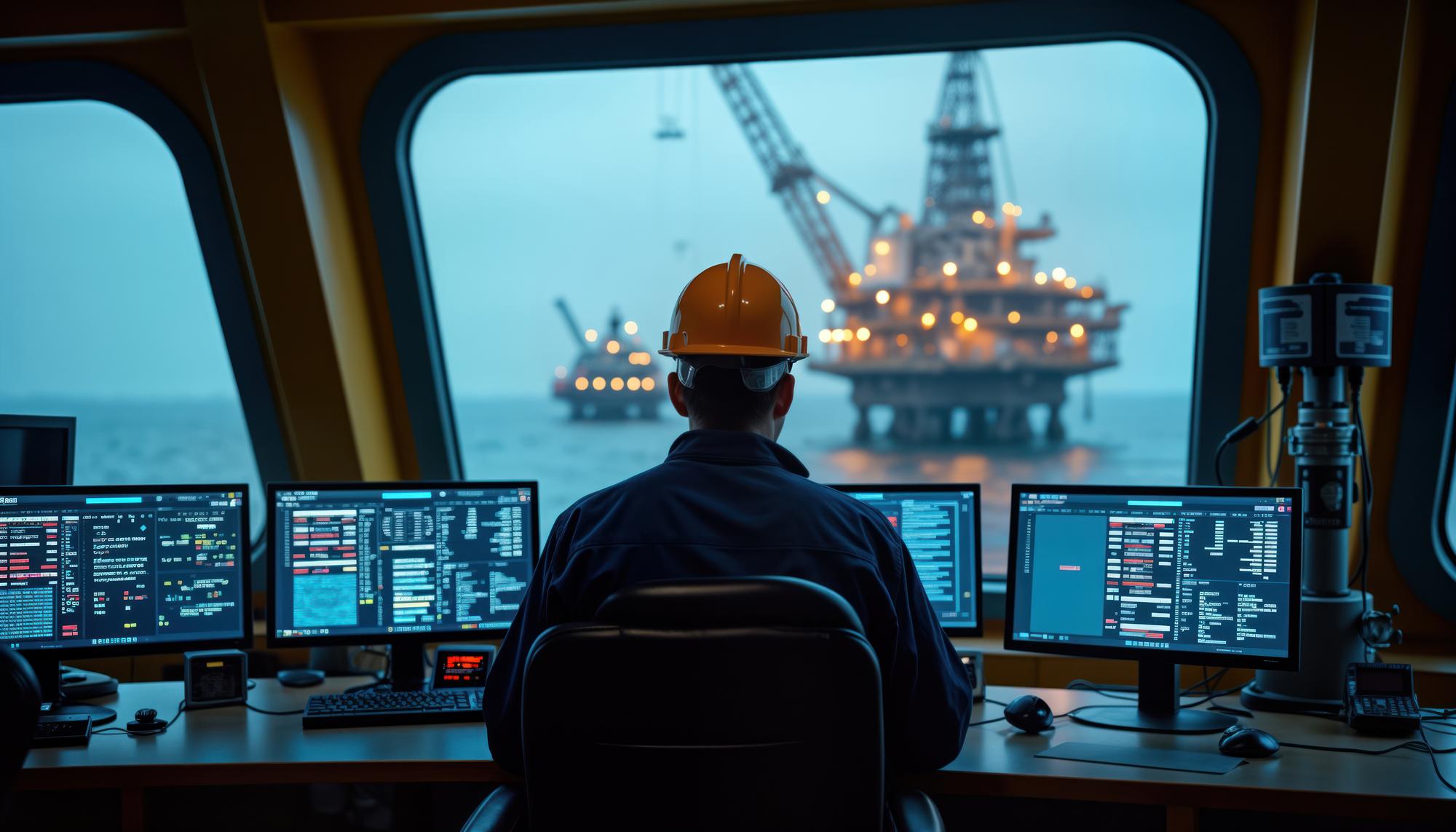 Engenheiro trabalha na sala de controle da plataforma de petróleo offshore Monitora múltiplos ecrãs que exibem dados