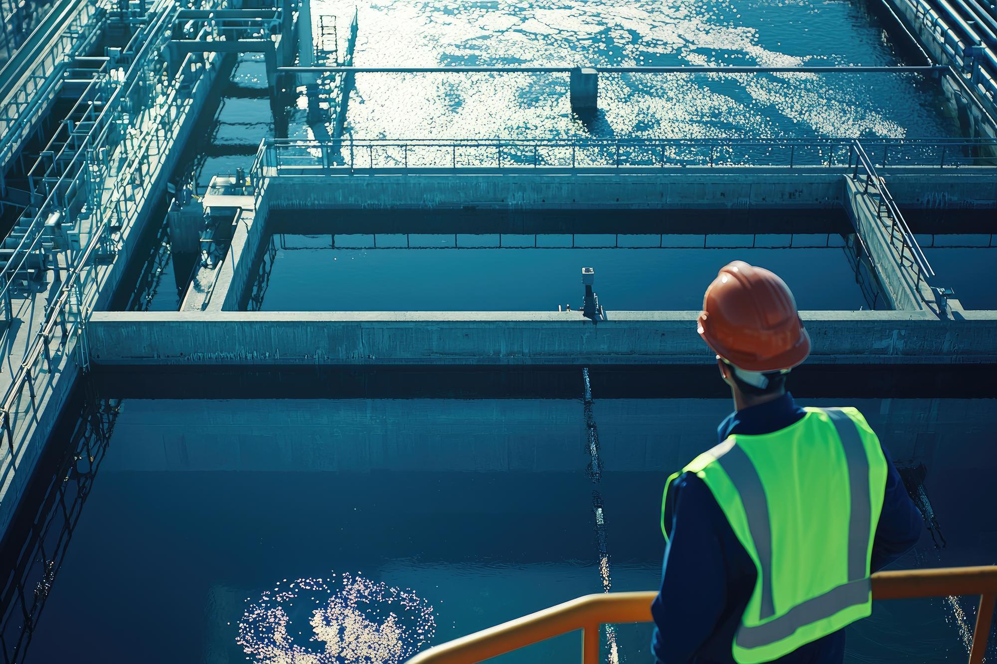Engenheiro colaborando com a equipe na planta de tratamento de água