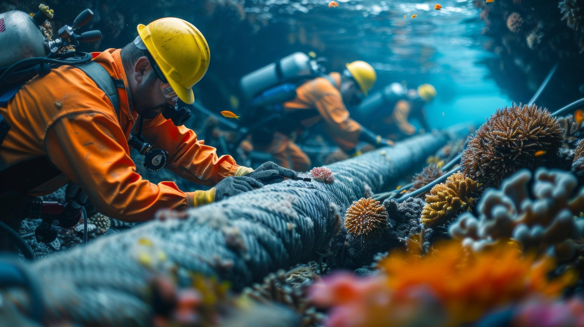engenheiros trabalhando na instalação de cabos subaquáticos sobrepostos de vida marinha e cenas oceânicas