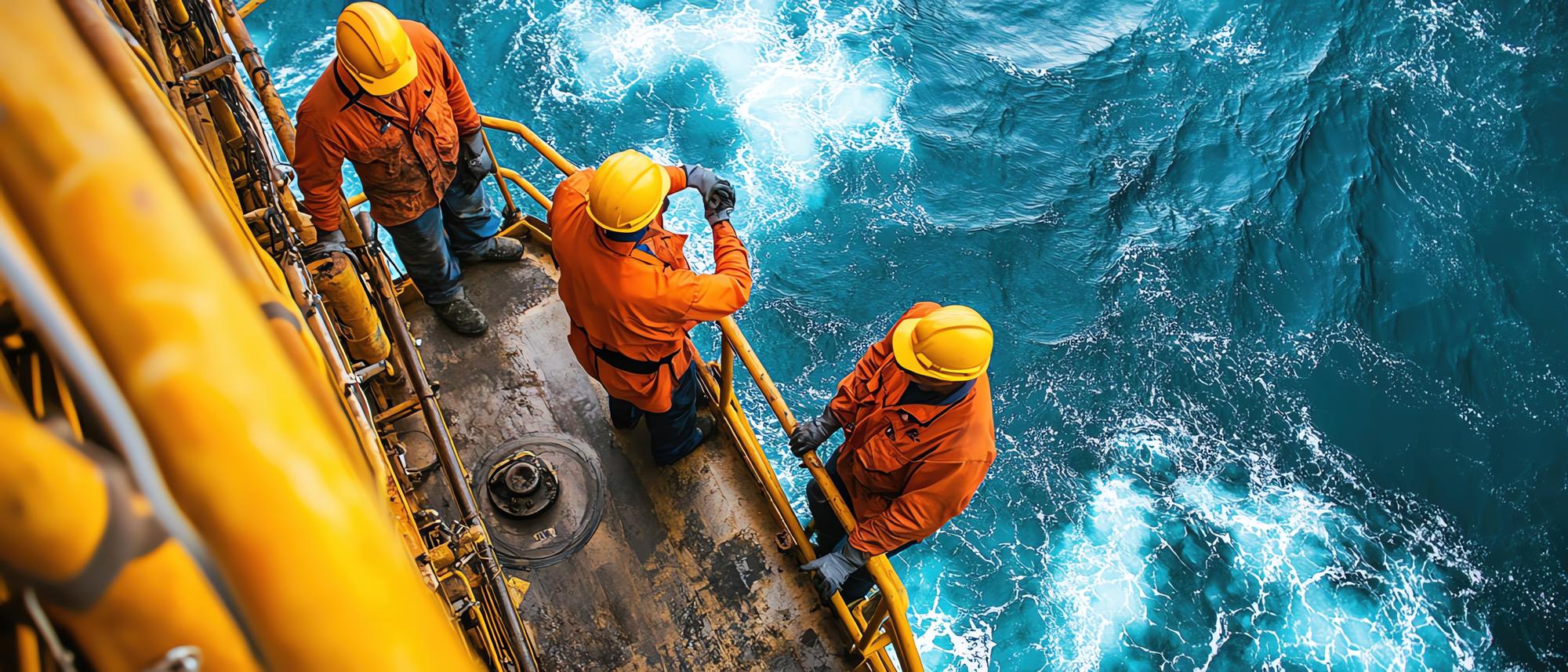 Trabalhadores com equipamento de proteção pesado em uma plataforma de extração de petróleo offshore com vista para as águas turbulentas do oceano abaixo envolvidos em atividade