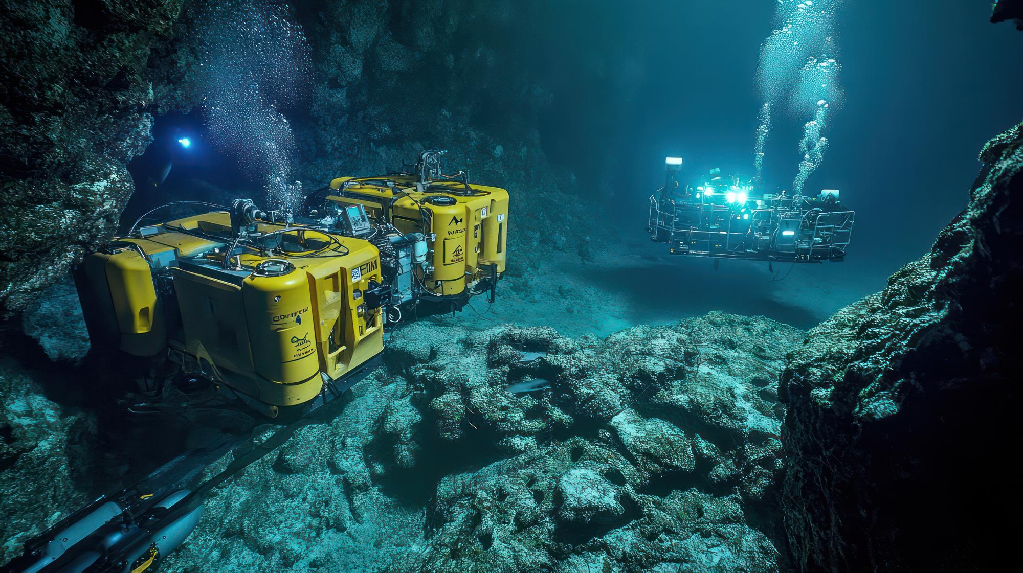 Um laboratório de águas profundas cercado por submarinos e veículos operados remotamente ROVs estudando espécies únicas e formações geológicas em profundidades extremas