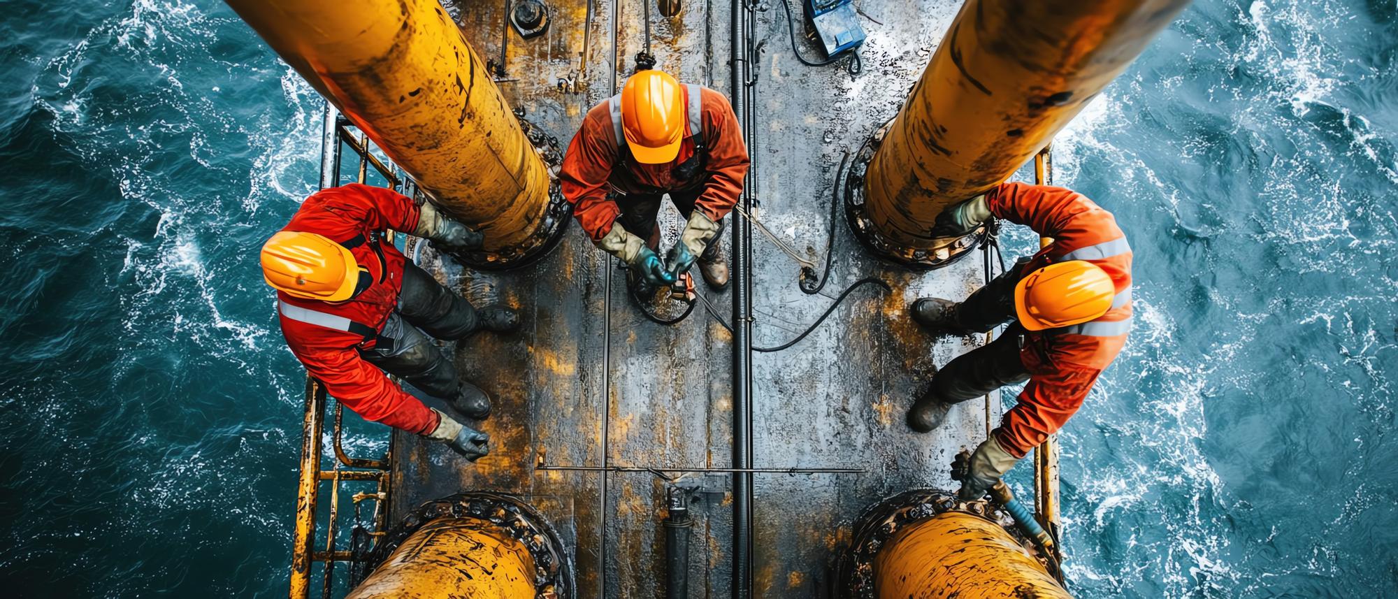 Vista aérea de trabalhadores de plataformas petrolíferas offshore em equipamentos de segurança realizando manutenção no meio do oceano