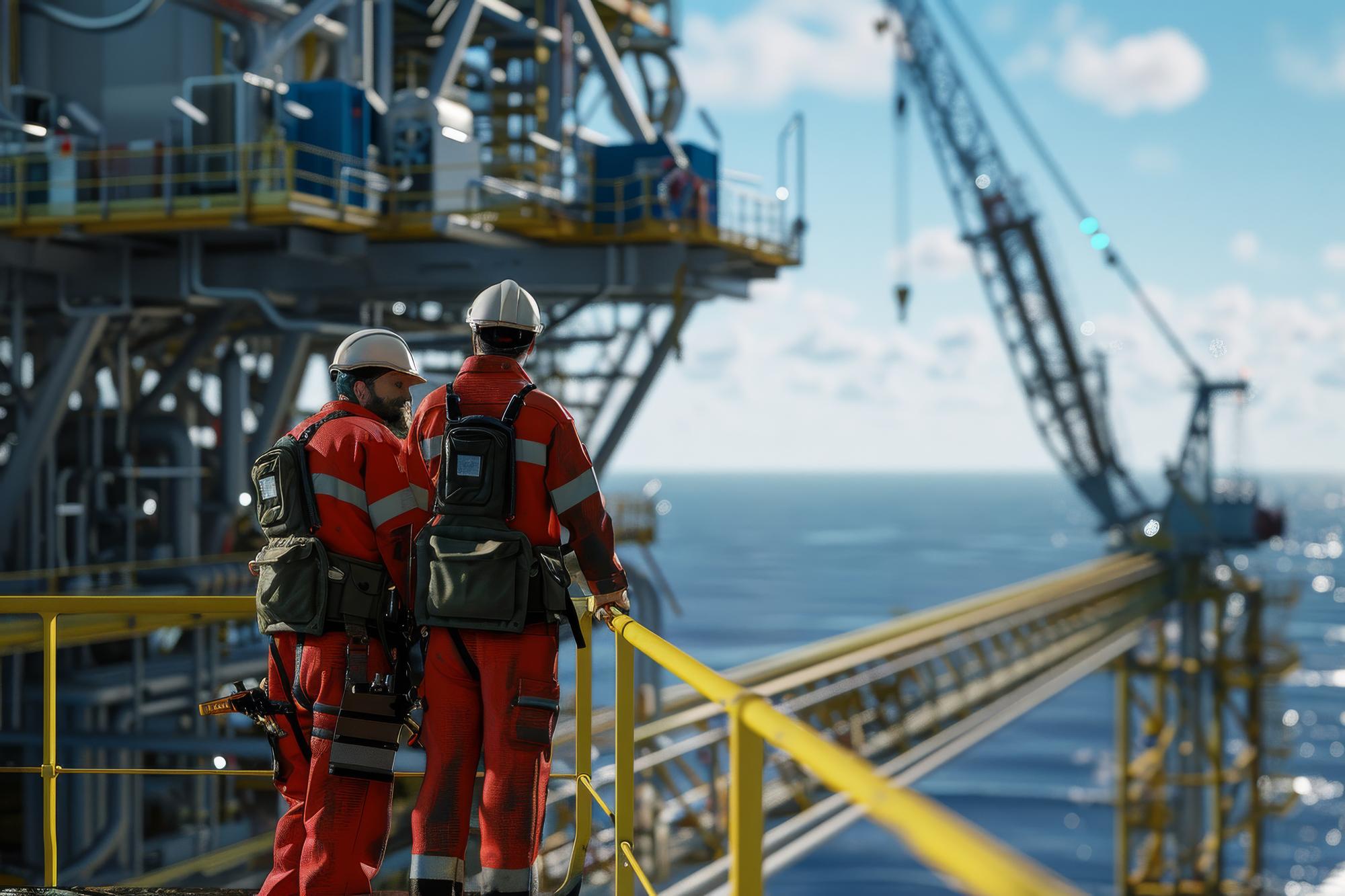 Dois trabalhadores em equipamento de segurança com vista para uma plataforma offshore contra um mar claro e um céu que simboliza o trabalho em equipe industrial e a engenharia marítima