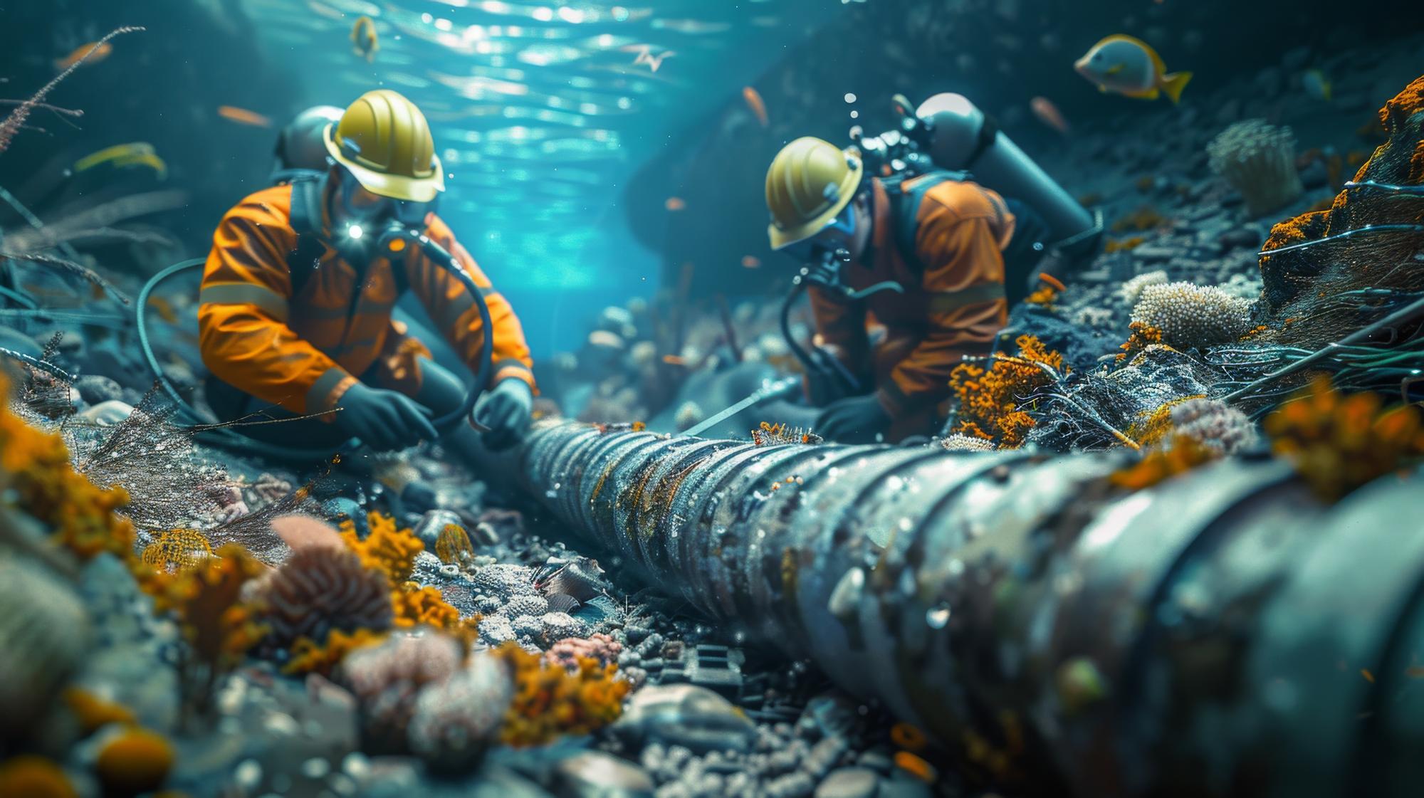 engenheiros trabalhando na instalação de cabos subaquáticos sobrepostos de vida marinha e cenas oceânicas