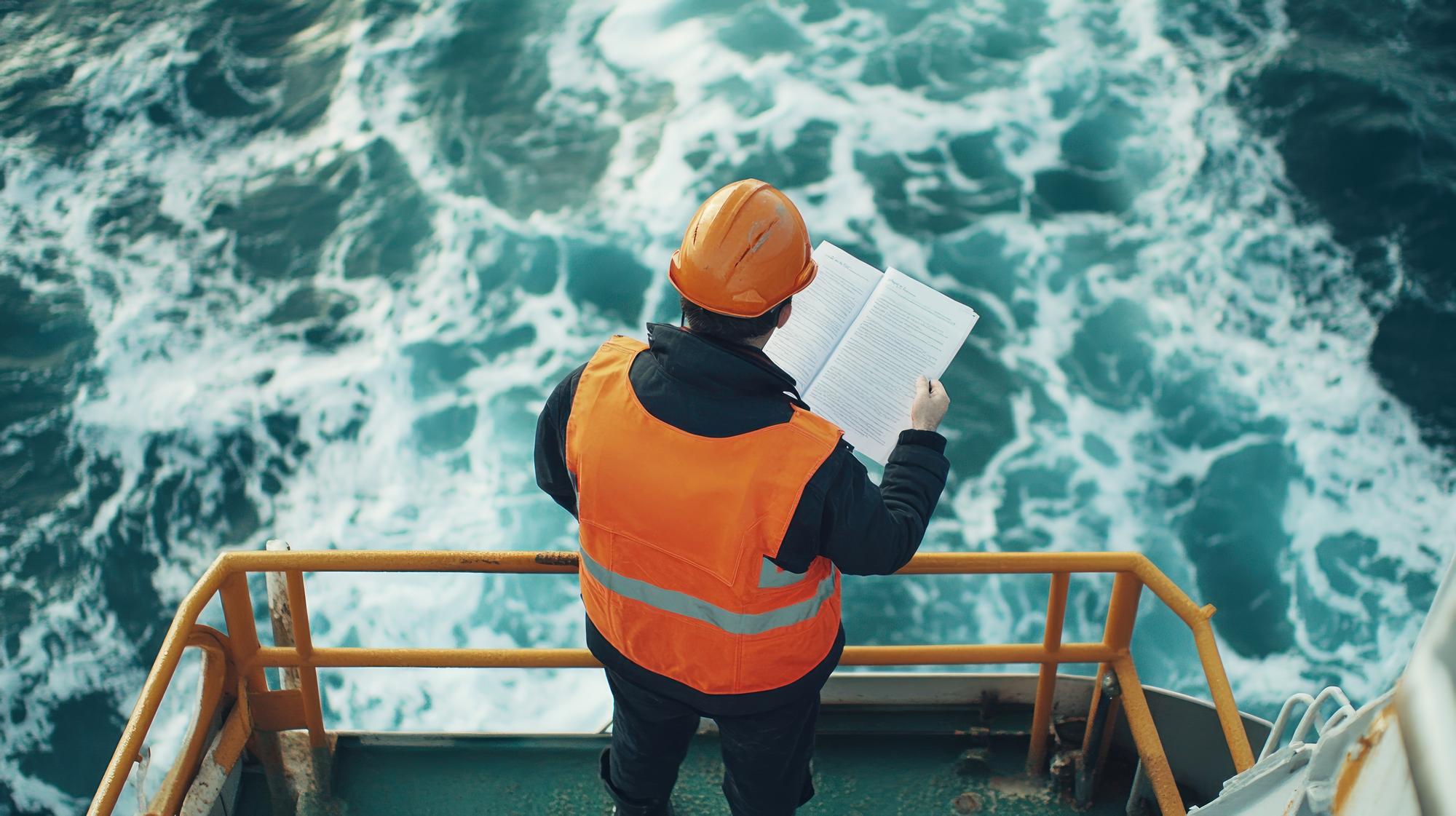 Trabalhador lendo em um navio com vista para as ondas do oceano