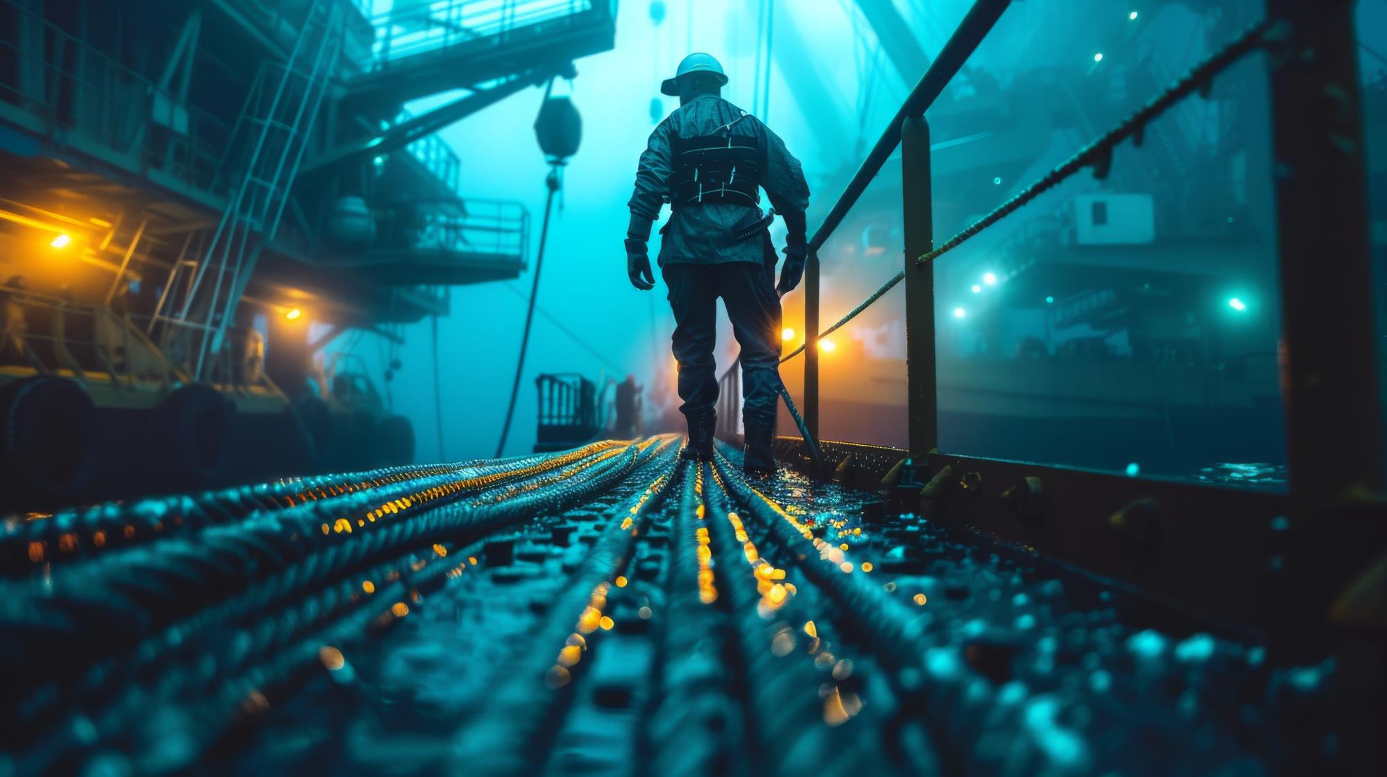 engenheiro em um convés de navio com cabos de fibra óptica sendo colocados debaixo d'água