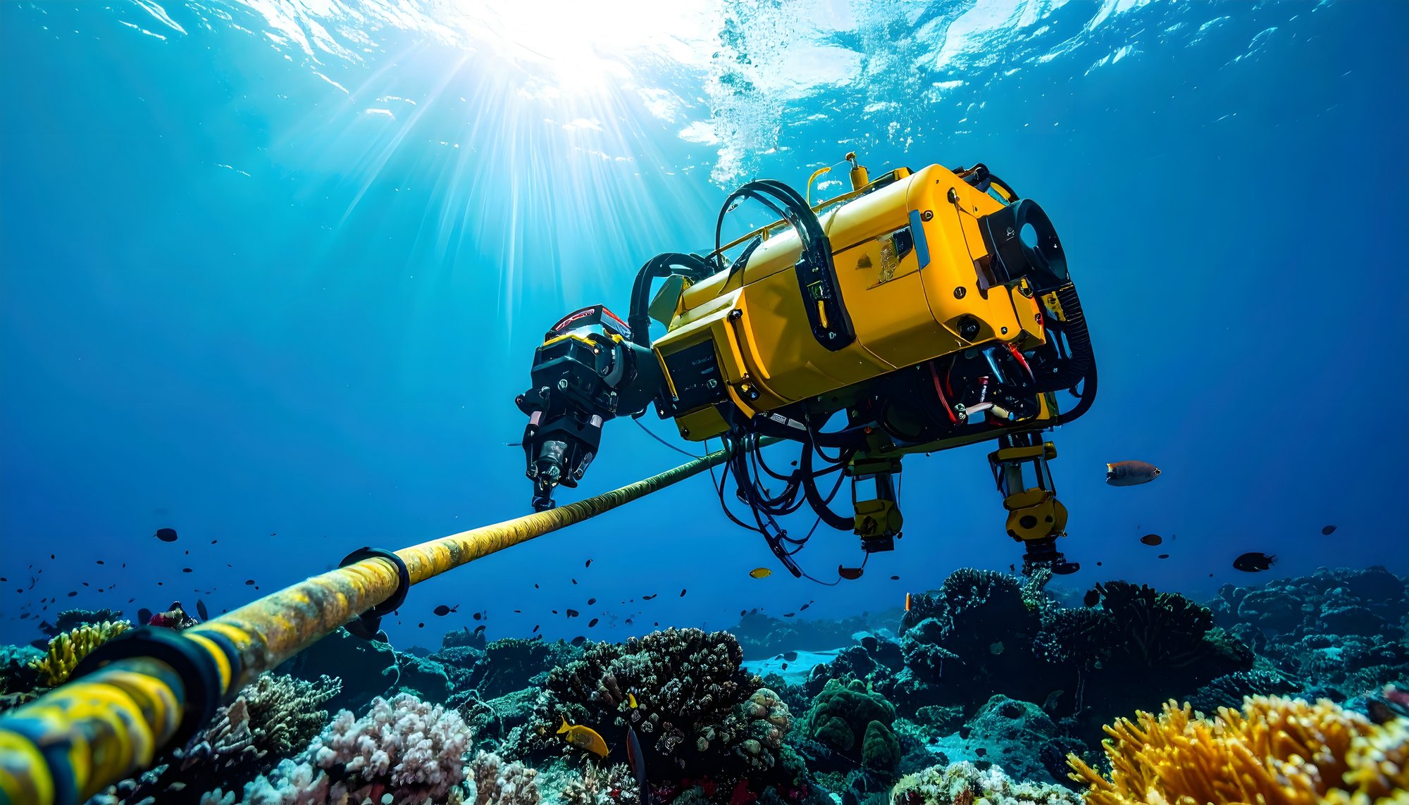 Robô de exploração subaquática com cabo em um ecossistema vibrante de recife de coral