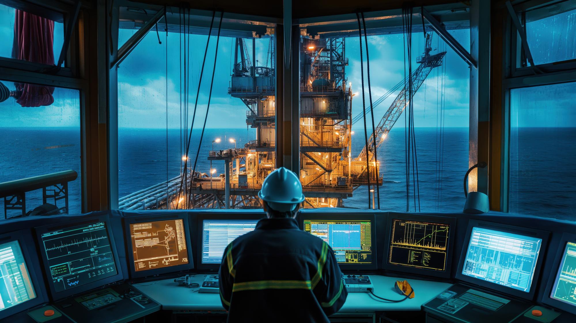 Engenheiro monitorando operações de perfuração de petróleo offshore da sala de controle ao anoitecer