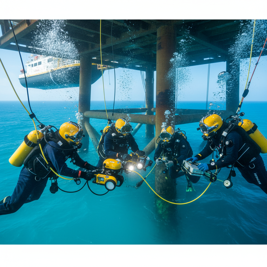 Operação de mergulho comercial offshore com mergulhadores profissionais e equipamentos de alta tecnologia para inspeção de plataforma