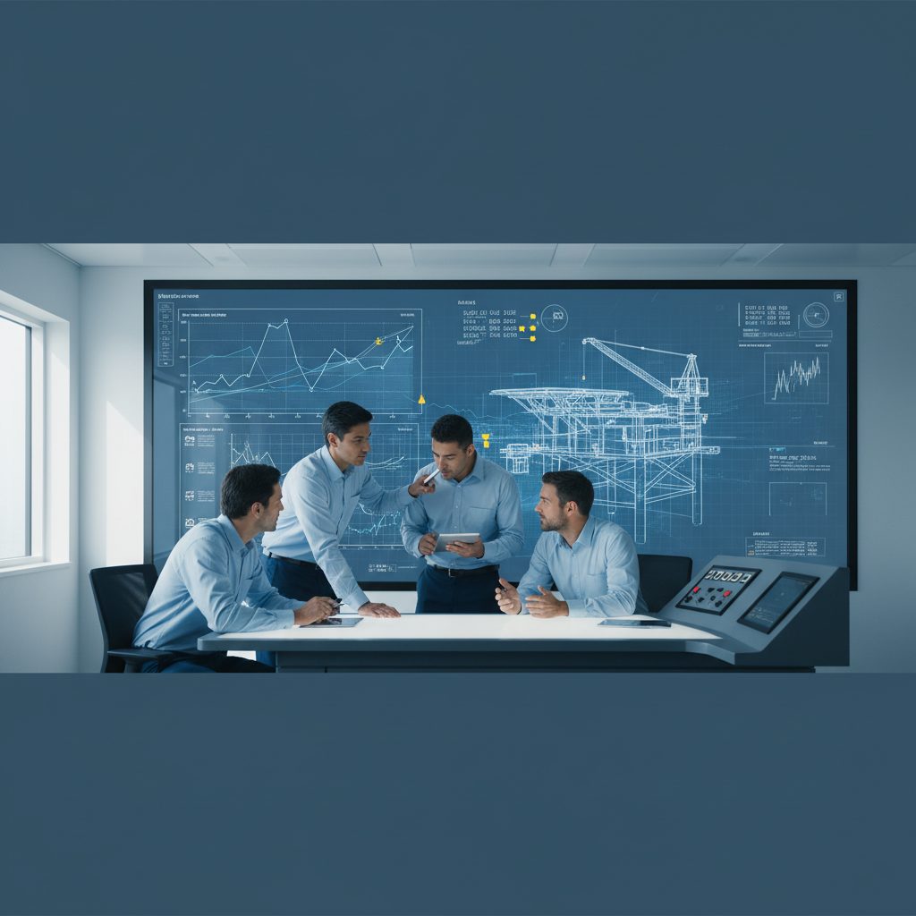 Gráfico de análise de integridade estrutural offshore e equipe técnica discutindo manutenção preditiva em sala de controle
