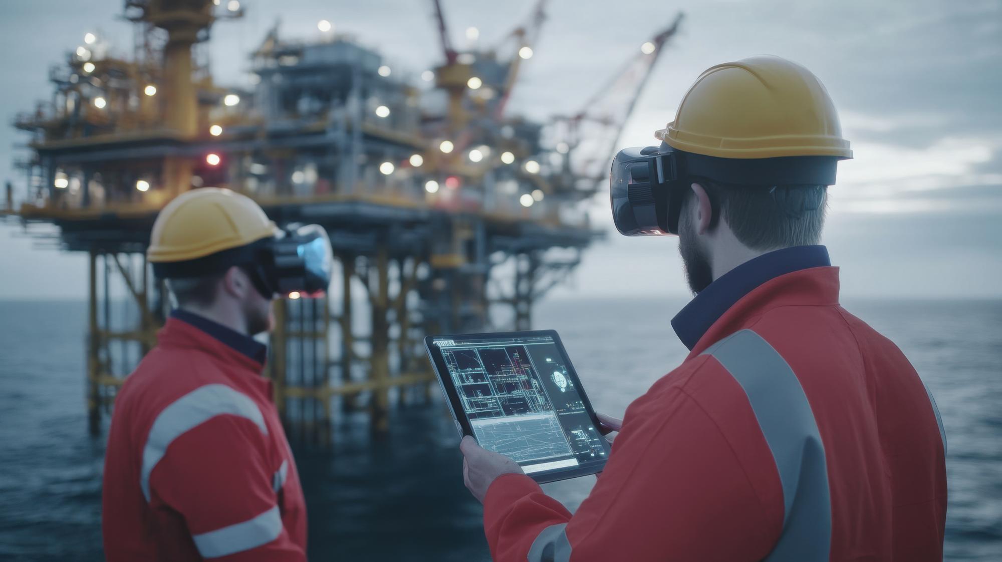 Trabalhadores em equipamentos de segurança usando tecnologia em uma plataforma de petróleo offshore com ferramentas modernas de visualização de dados sob um céu dramático durante as horas de pôr do sol