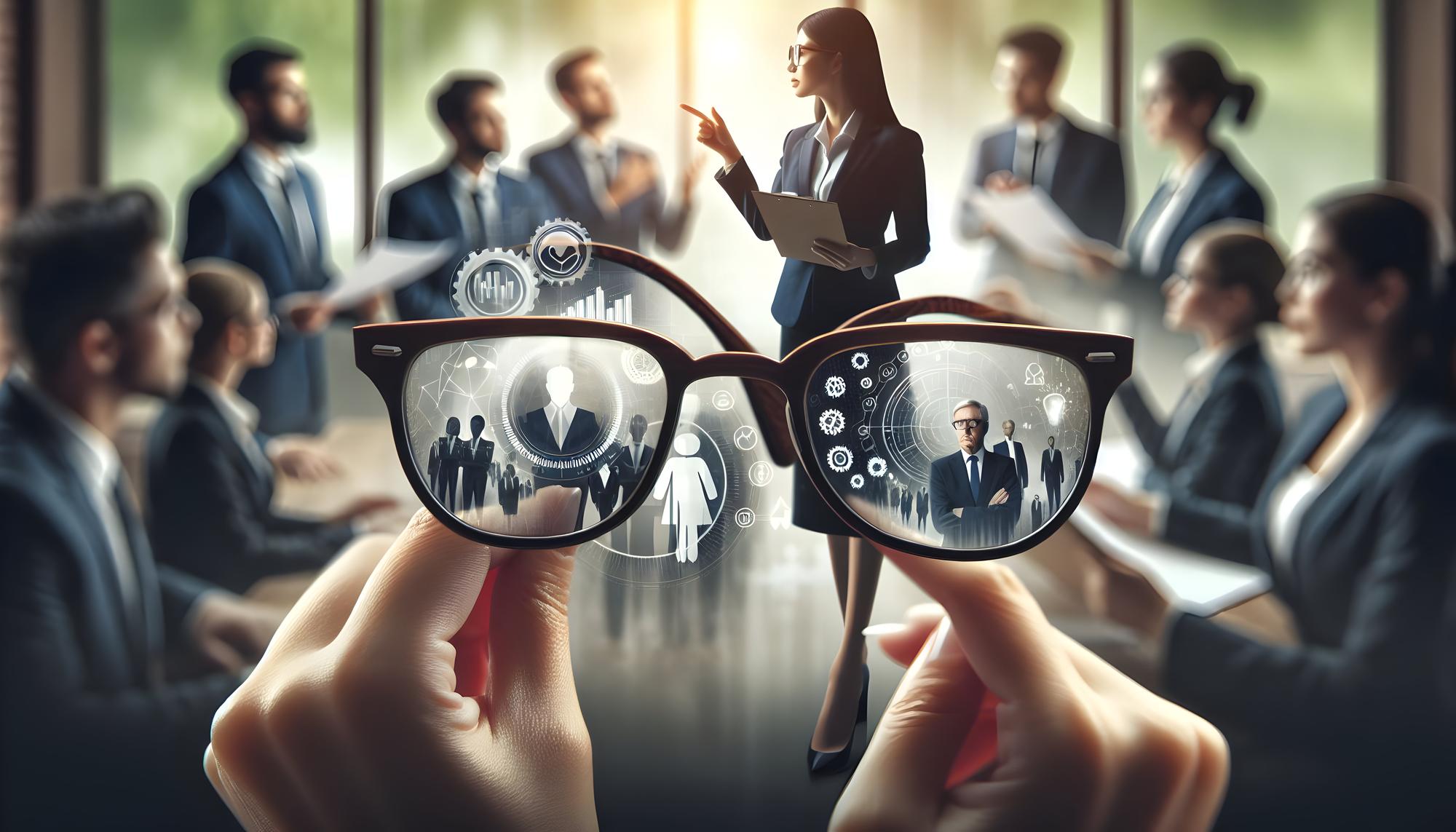 Close-up de liderança Óculos de foco Refletindo um líder Dirigindo-se a uma equipe Destacando a liderança