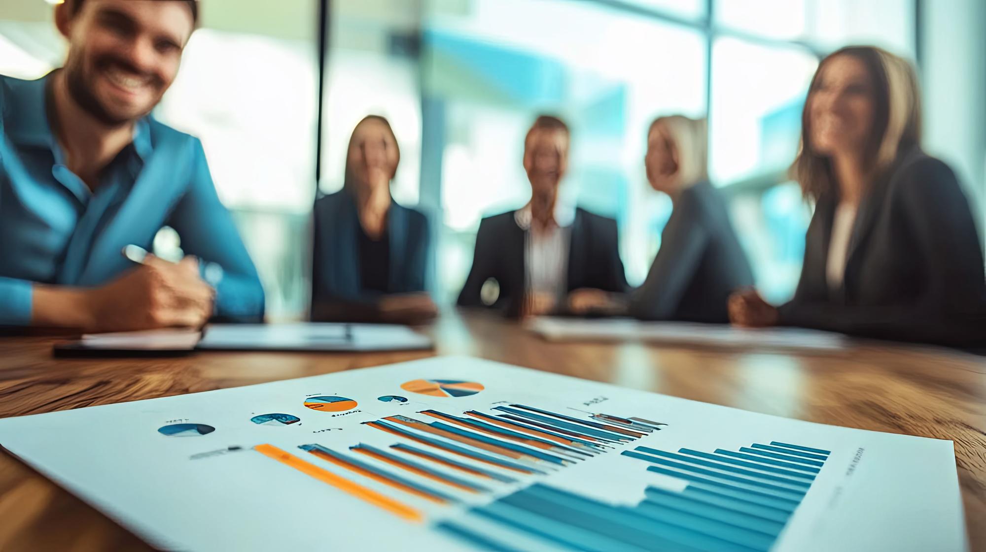 Close-up de uma reunião de negócios com gráficos e gráficos