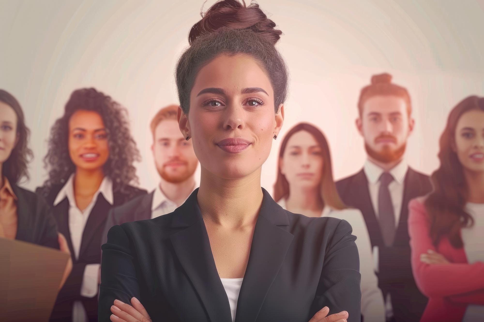 mulher de negócios com sua equipe grupo de pessoas em fundo conceito de empoderamento das mulheres