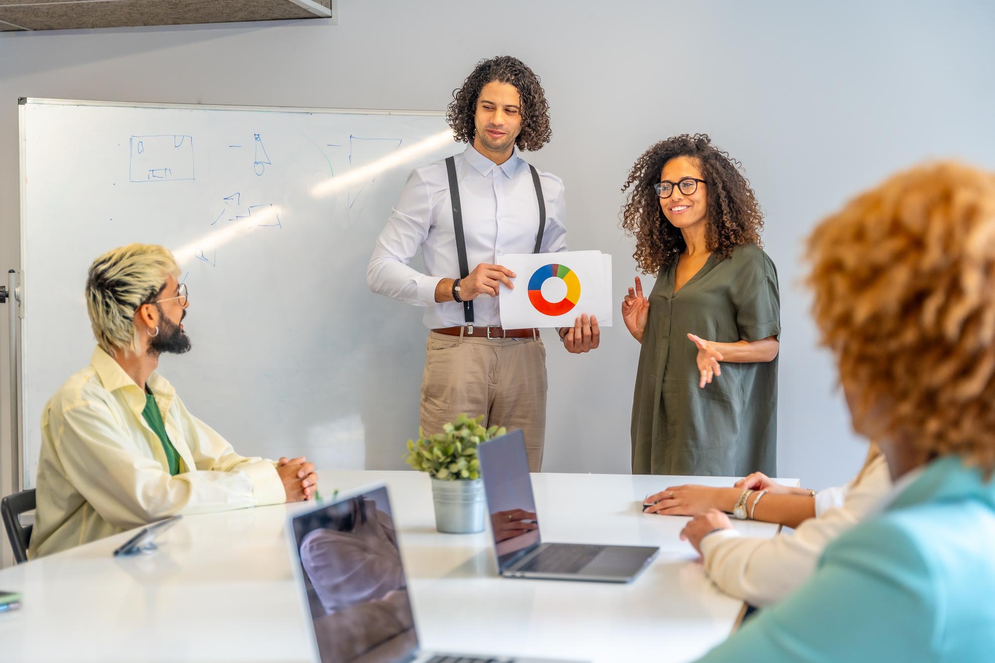 Trabalhadores usando um gráfico para explicar dados em uma reunião