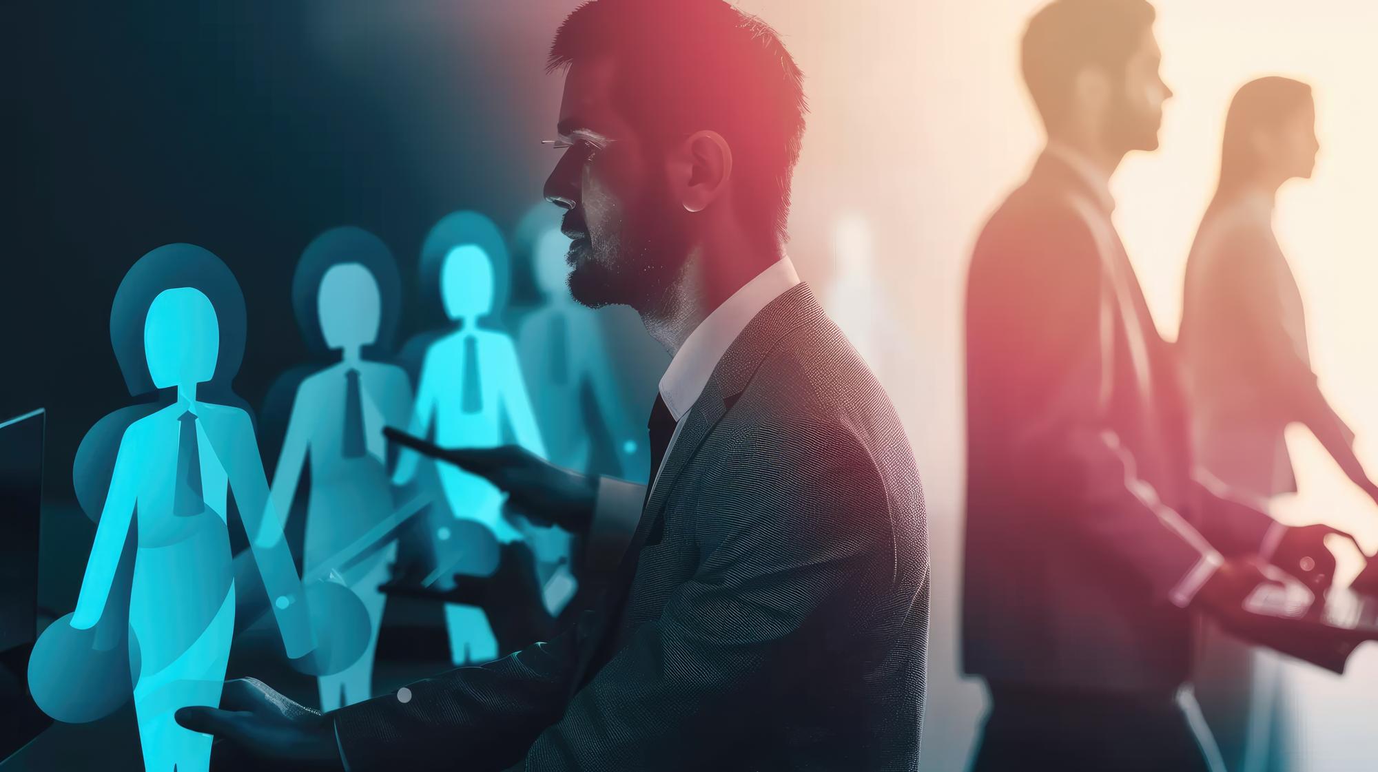 Empresário profissional atrás de um holograma de pessoas conectando a AIG49