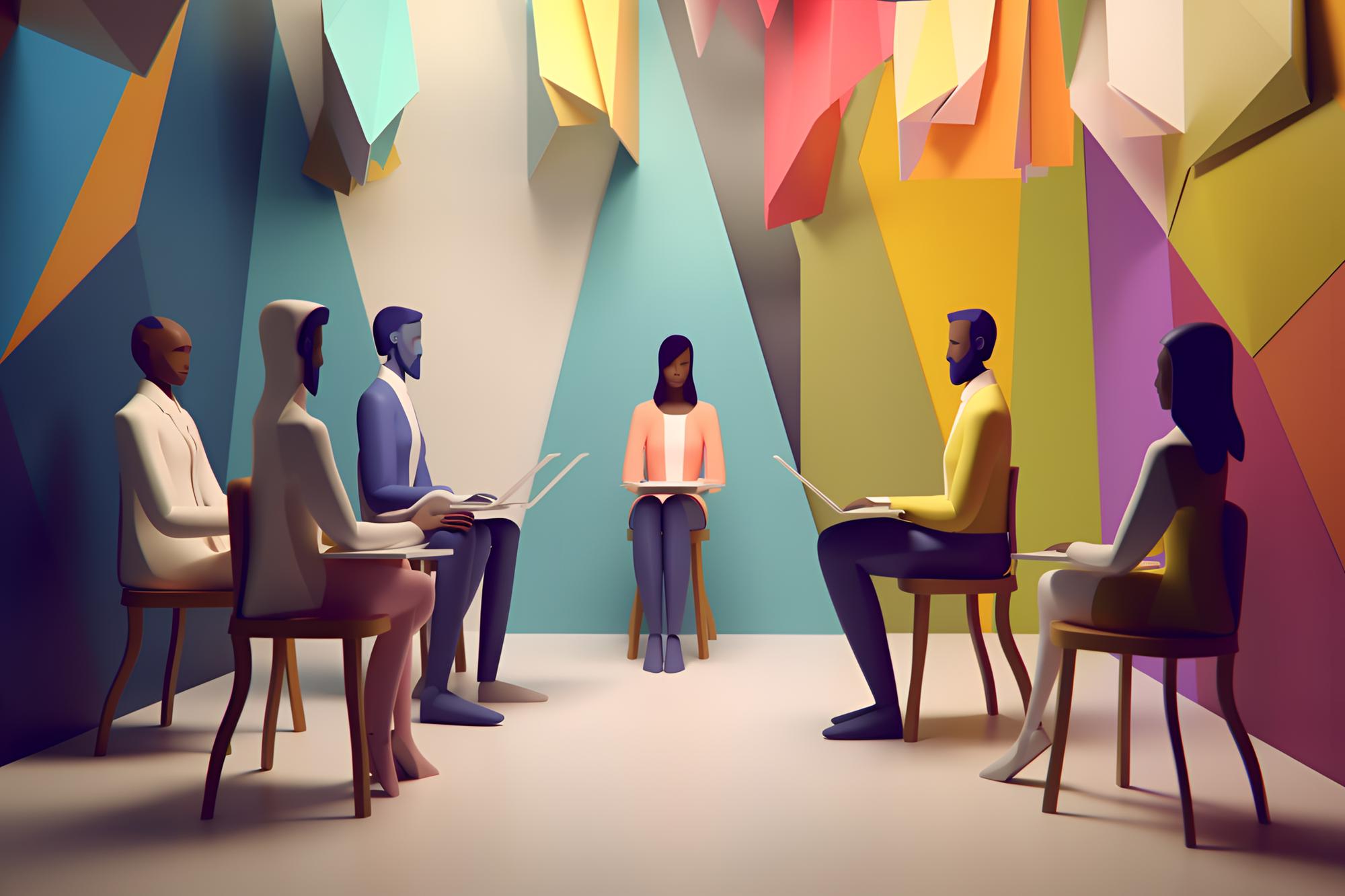 Um grupo de pessoas senta-se em cadeiras em uma sala com paredes coloridas e teto com as cores do arco-íris.