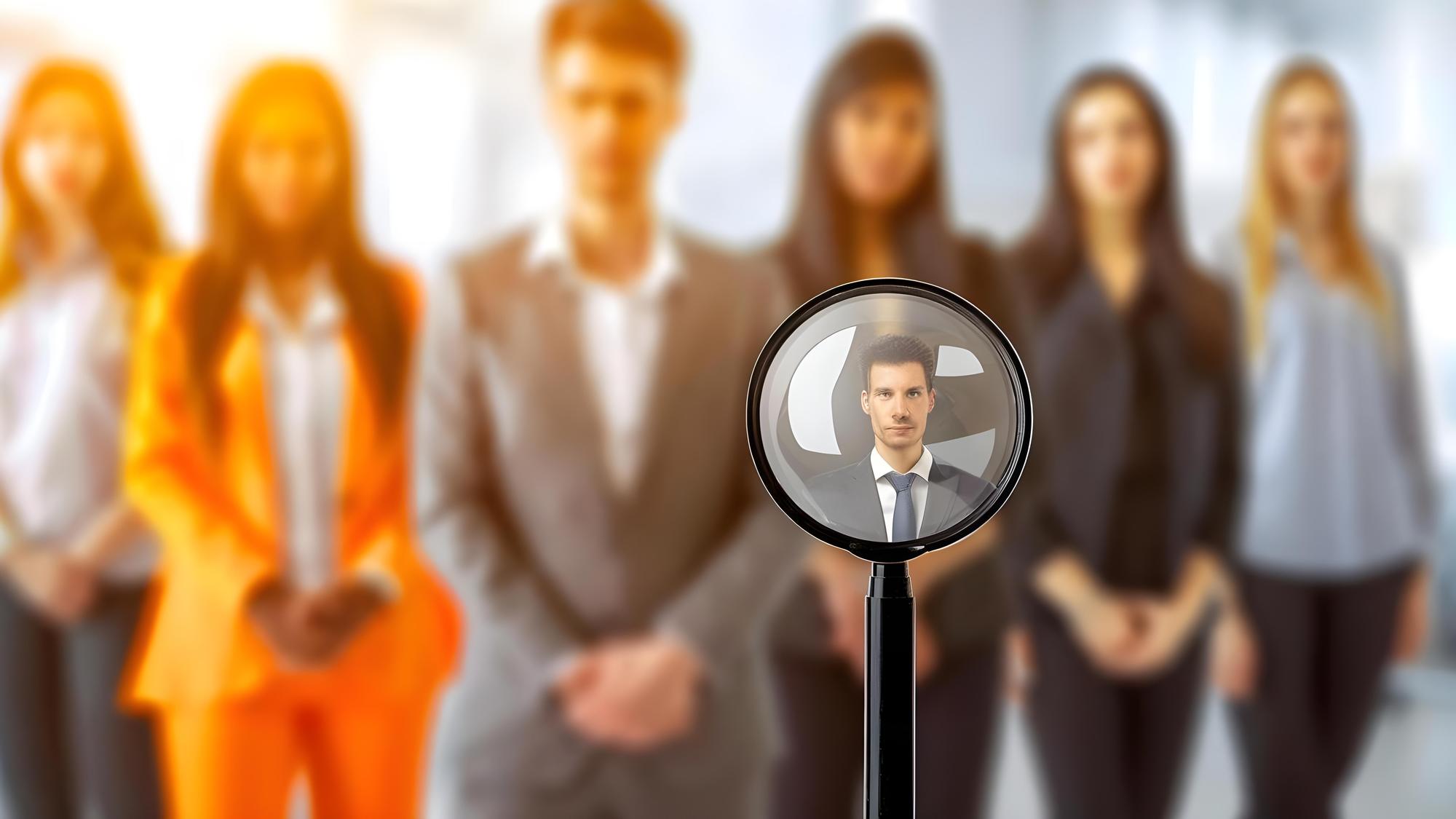 Grupo focado em busca de candidato no mercado de trabalho usando lupa Conceito Pesquisa do Mercado de Trabalho Seleção de Candidatos Pesquisa focada Processo de recrutamento Abordagem de lupa