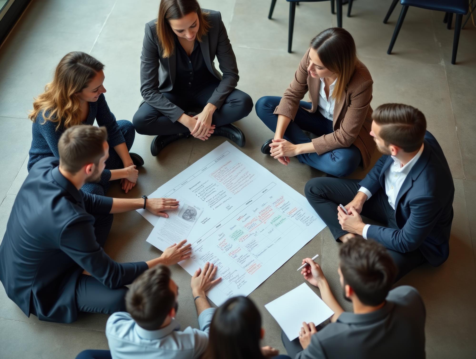 Reunião de equipe de colaboração no piso para planejamento estratégico e geração de ideias no Escritório