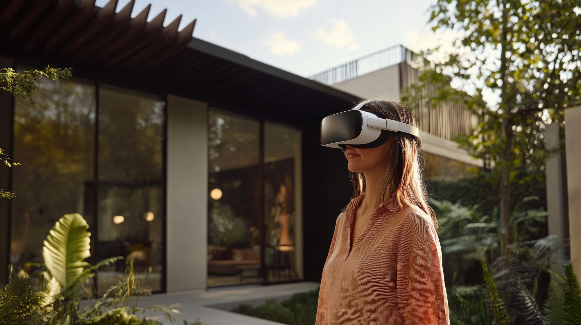 Mulher usando um fone de ouvido VR do lado de fora de uma casa moderna