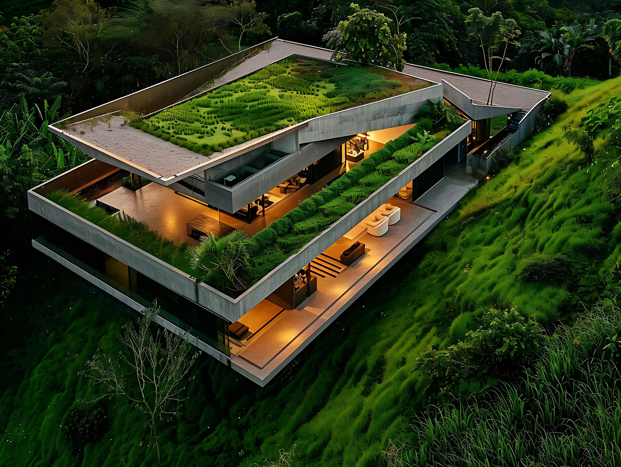 casa arrefecida com um telhado verde e um telheiro verde