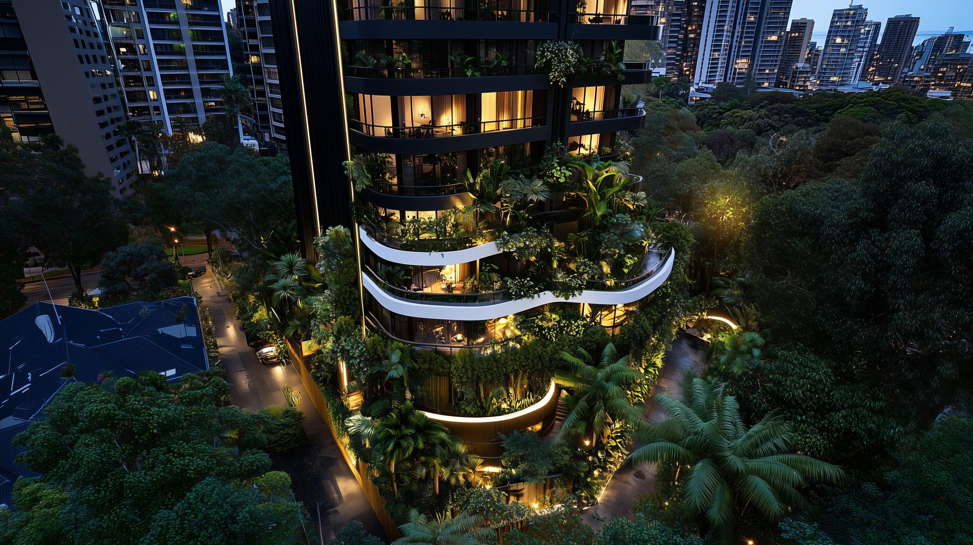Um edifício moderno de arranha-céus com vegetação exuberante caindo em cascata pela fachada