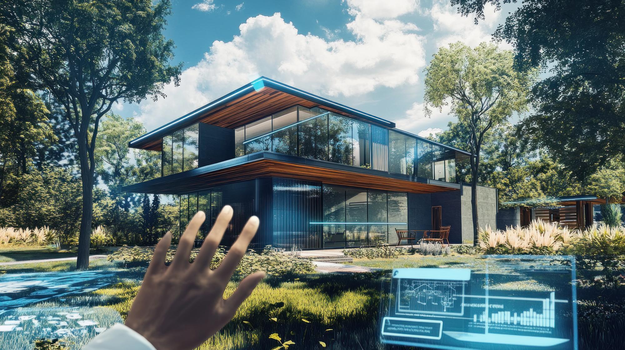 Uma casa futurista com grandes janelas de vidro e uma mão estendida para uma interface digital