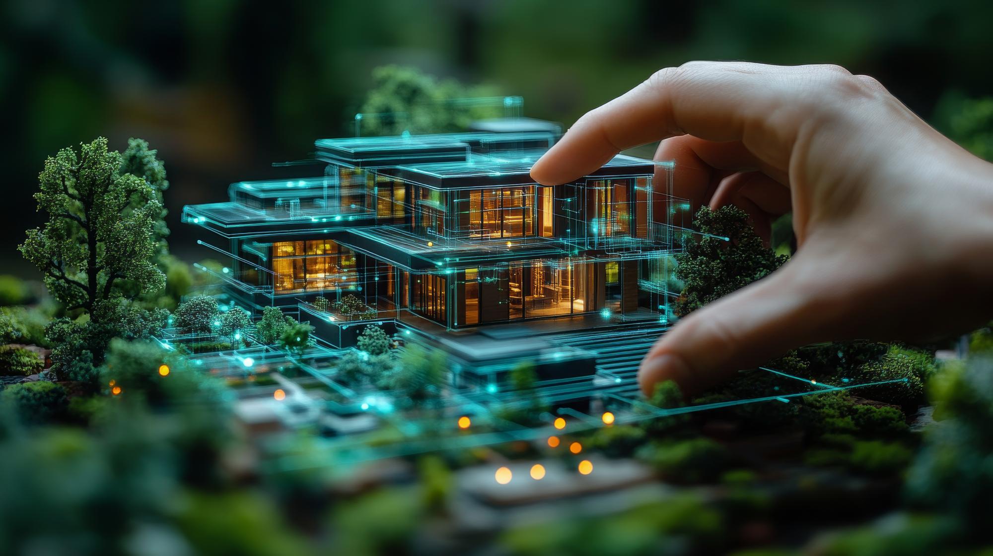 Exploração de representações holográficas de um edifício verde numa paisagem moderna com elementos de design