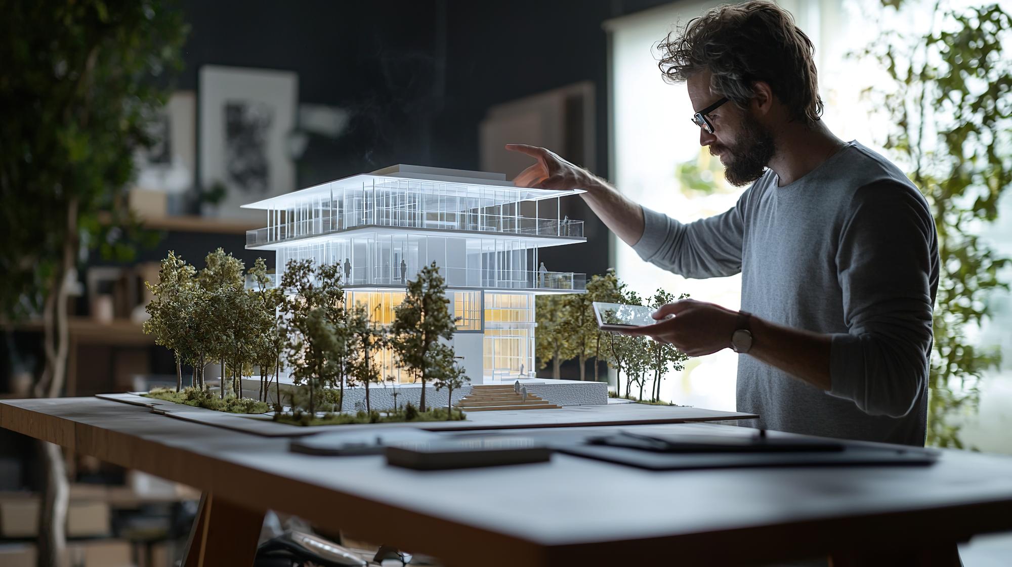 Arquiteto examina modelo de cidade para futuro projeto de arranha-céu durante as horas da noite