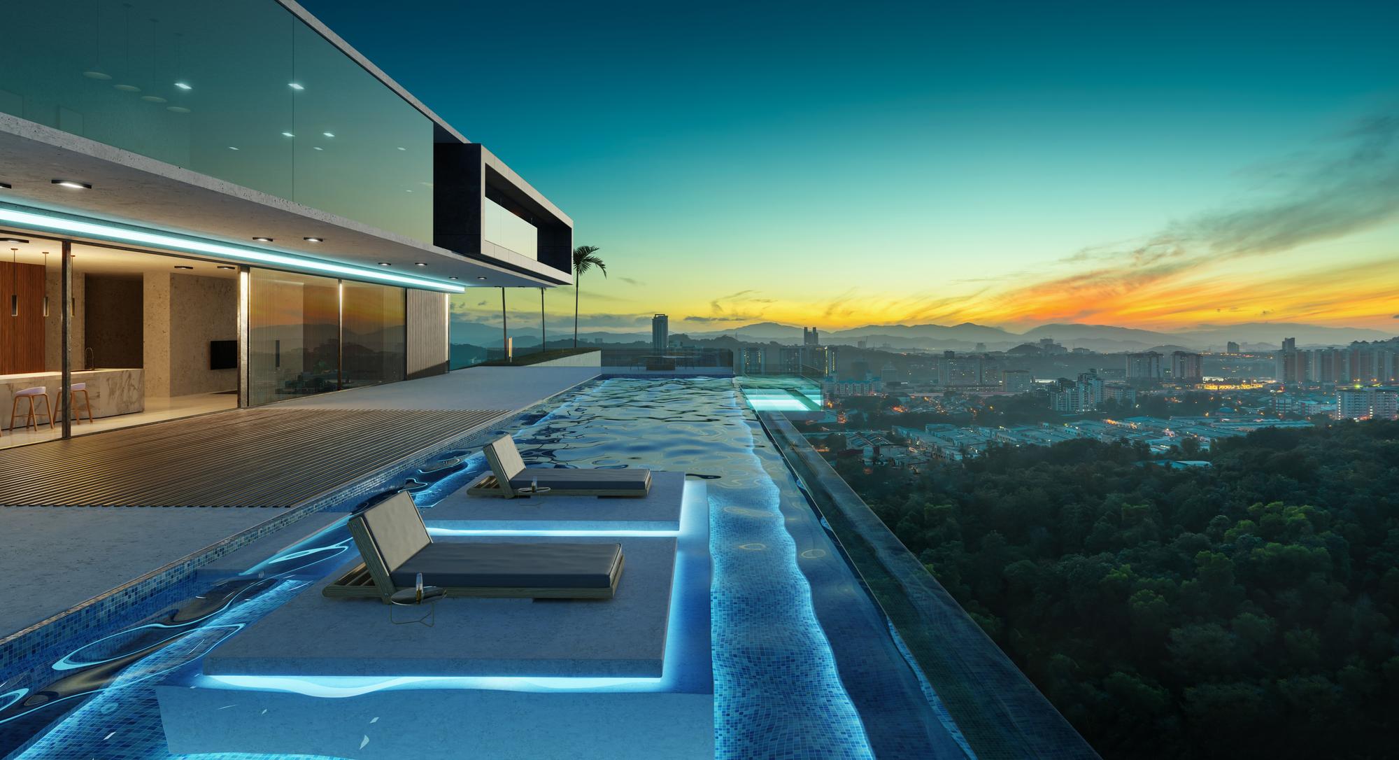Design exterior de villa de luxo com bela paisagem do nascer do sol na piscina infinita renderização em 3d